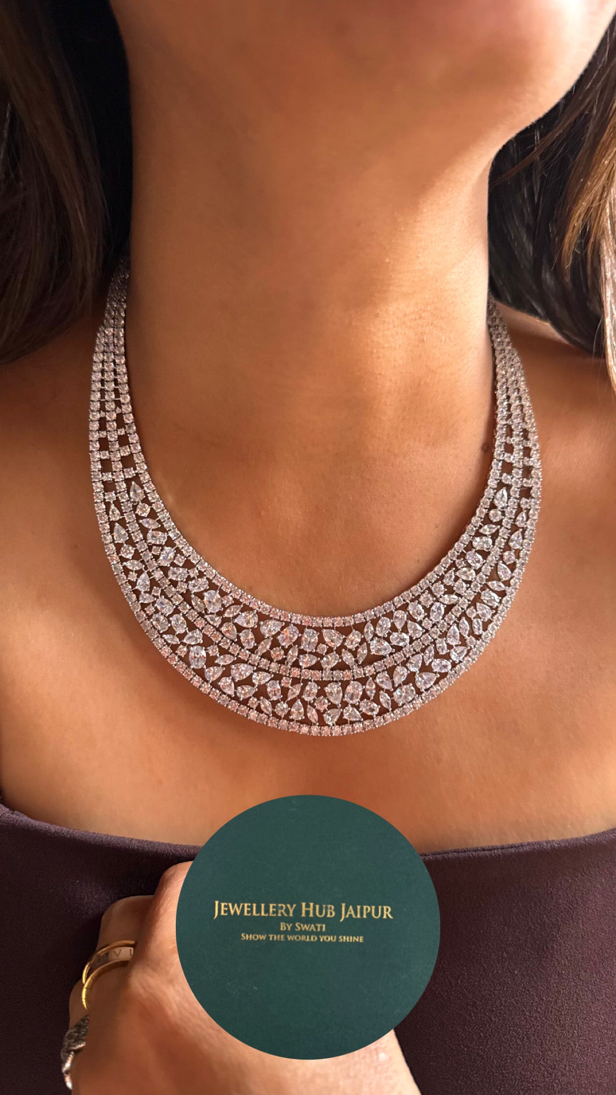 Cz diamond designer half moon shape necklace