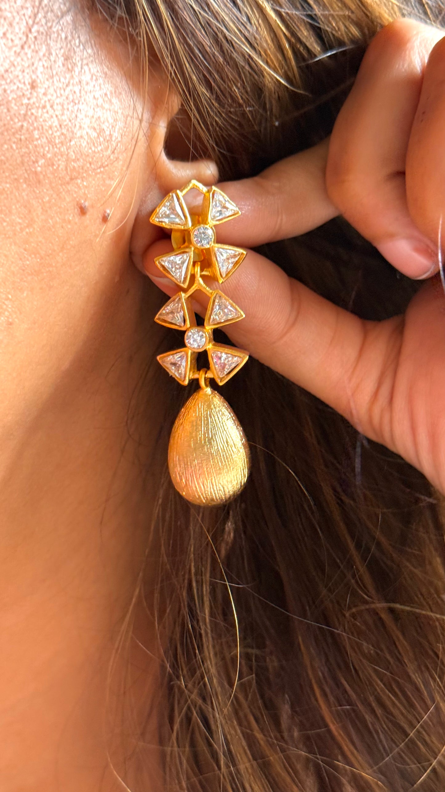 24kt Dubai Gold inspired Almond danglers with triangular polki