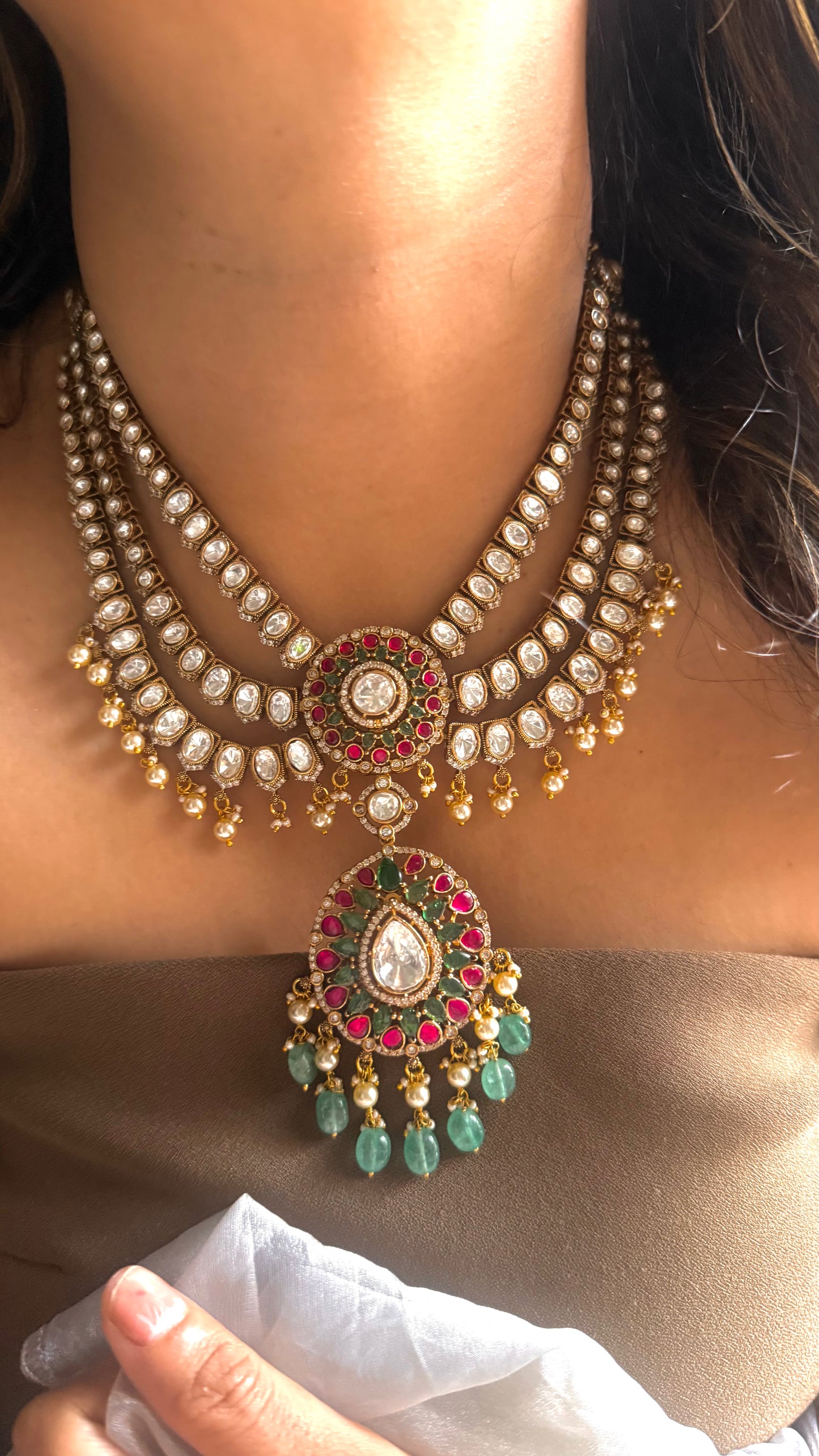 Triple layer uncut victorian Necklace with rani pink & Mint detailing