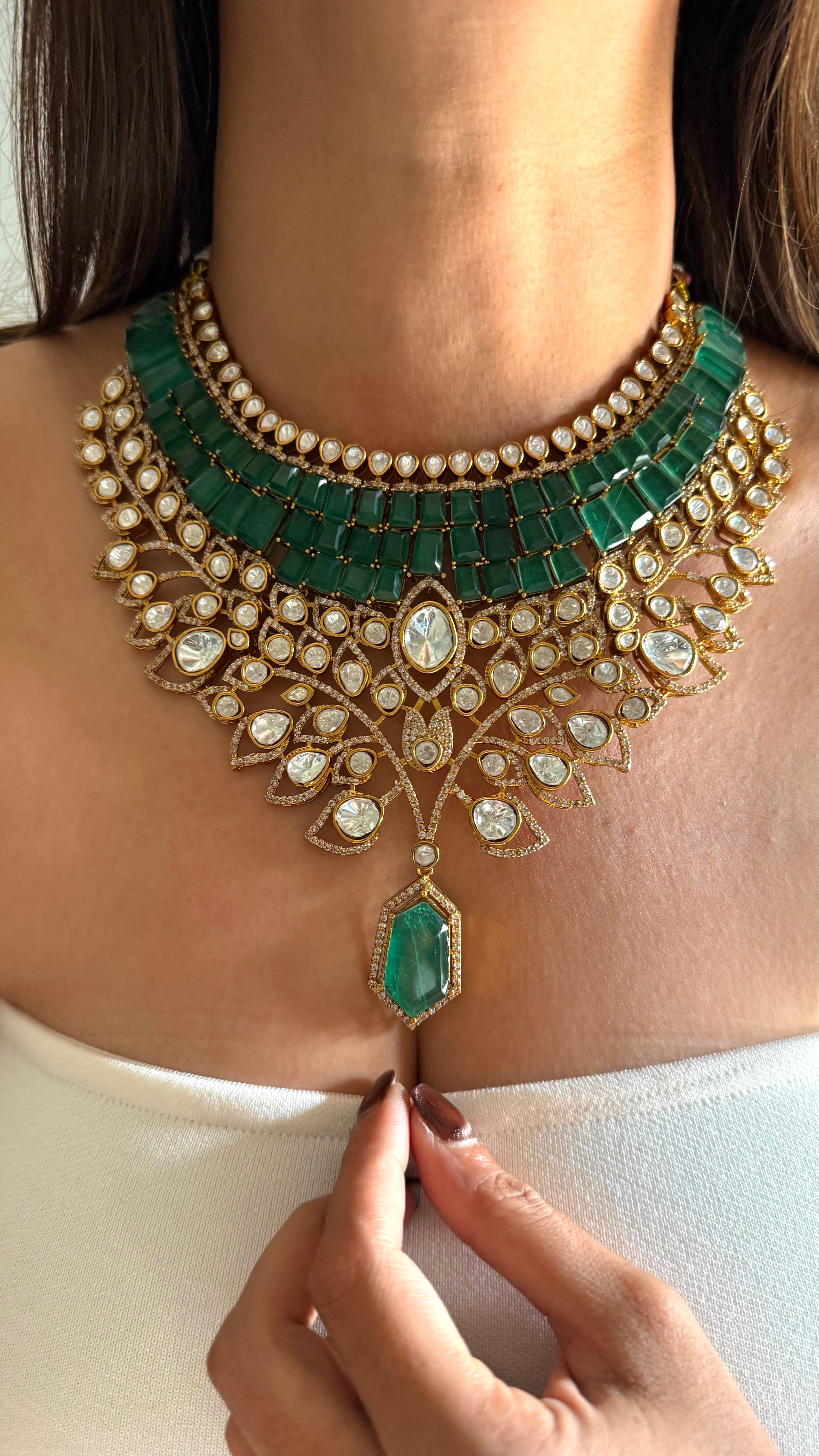 Emerald doublet & moissanite leaves designer set