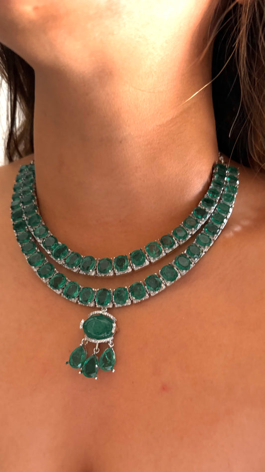 Emerald doublet diamond dual layer collar necklace