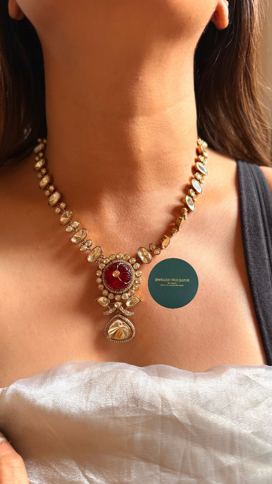 Ruby doublet with inlay carving and moissanite set