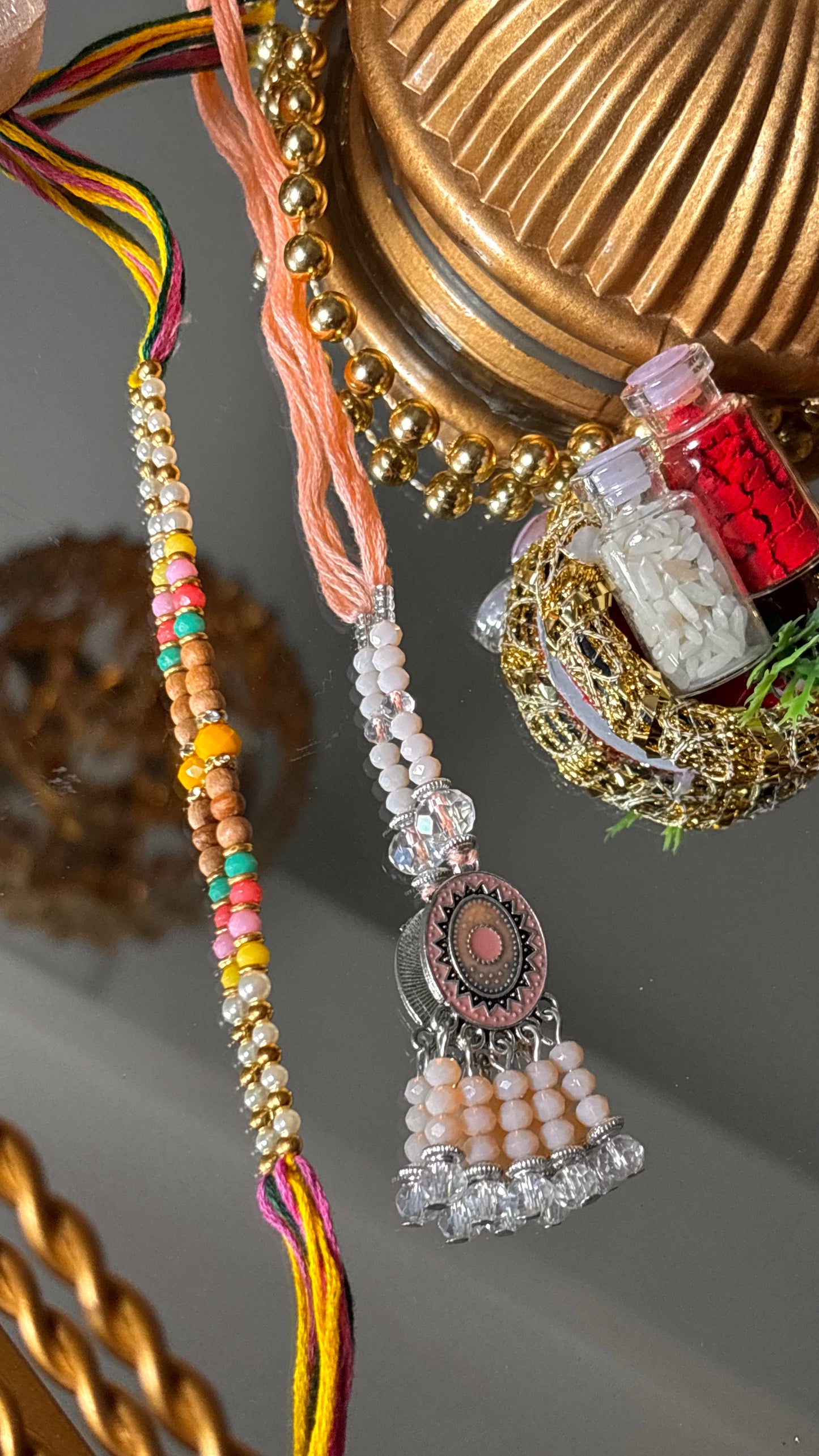 Bhaiya bhabhi lumba peach nakashi oxidised rakhi ( shipping will be extra )