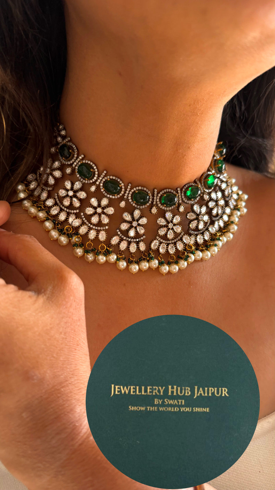 Emerald floral Victorian moissanite necklace set