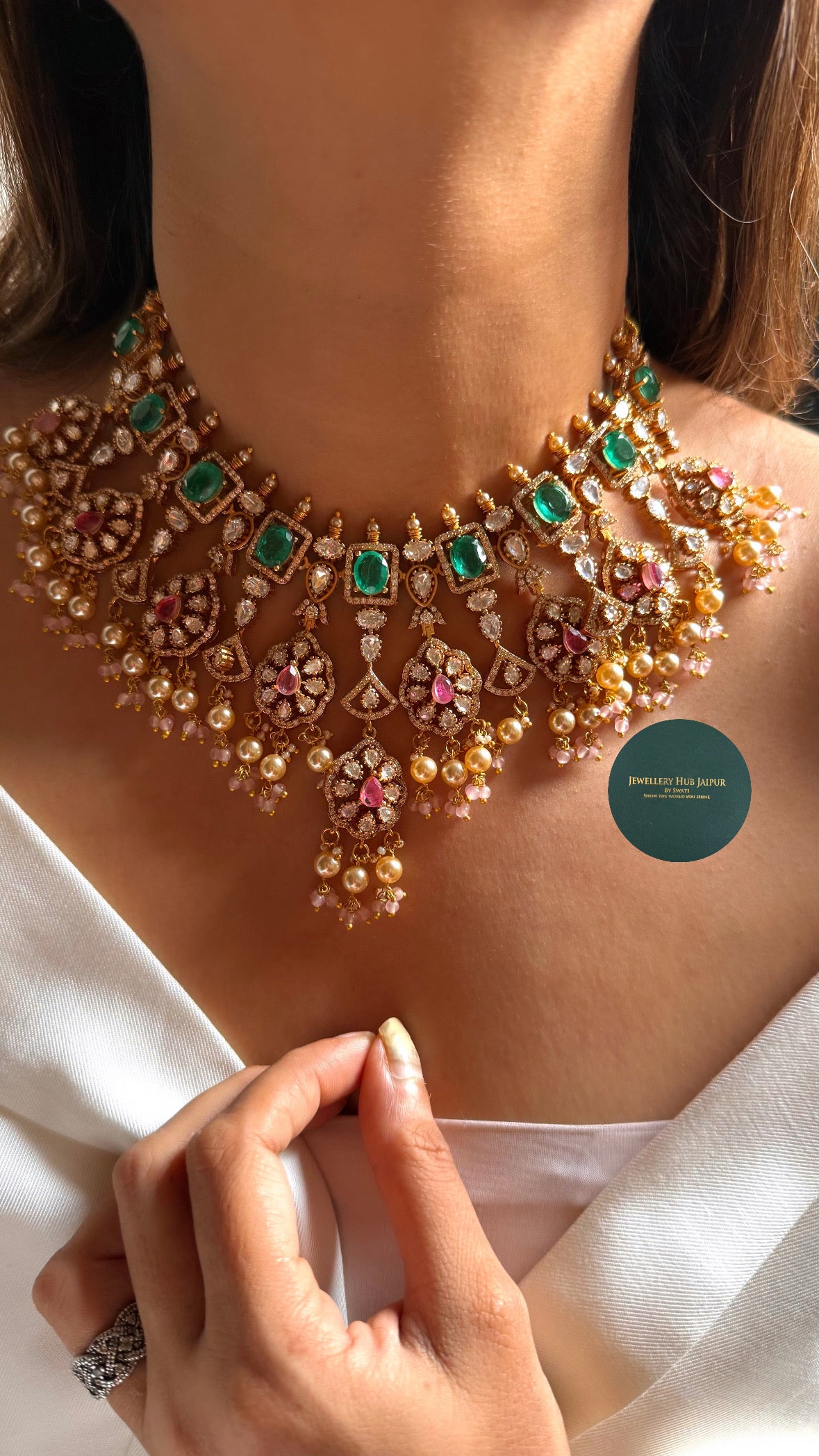 Prachi Rose quartz & emerald moissanite floral collar set