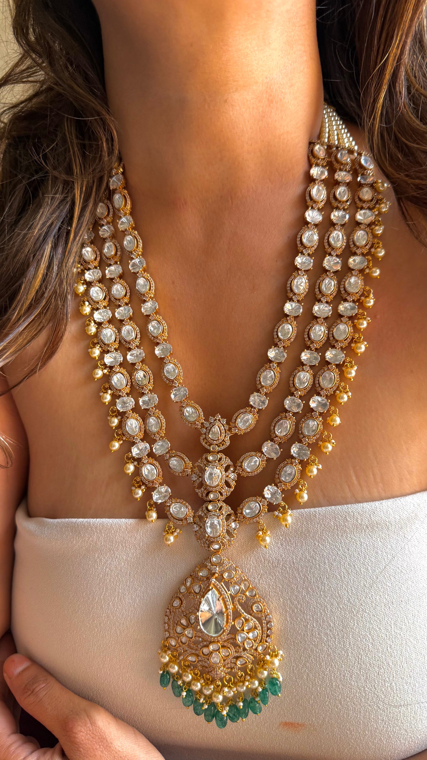 Triple Line Uncut Polki Designer Long Necklace with mint drop detailing
