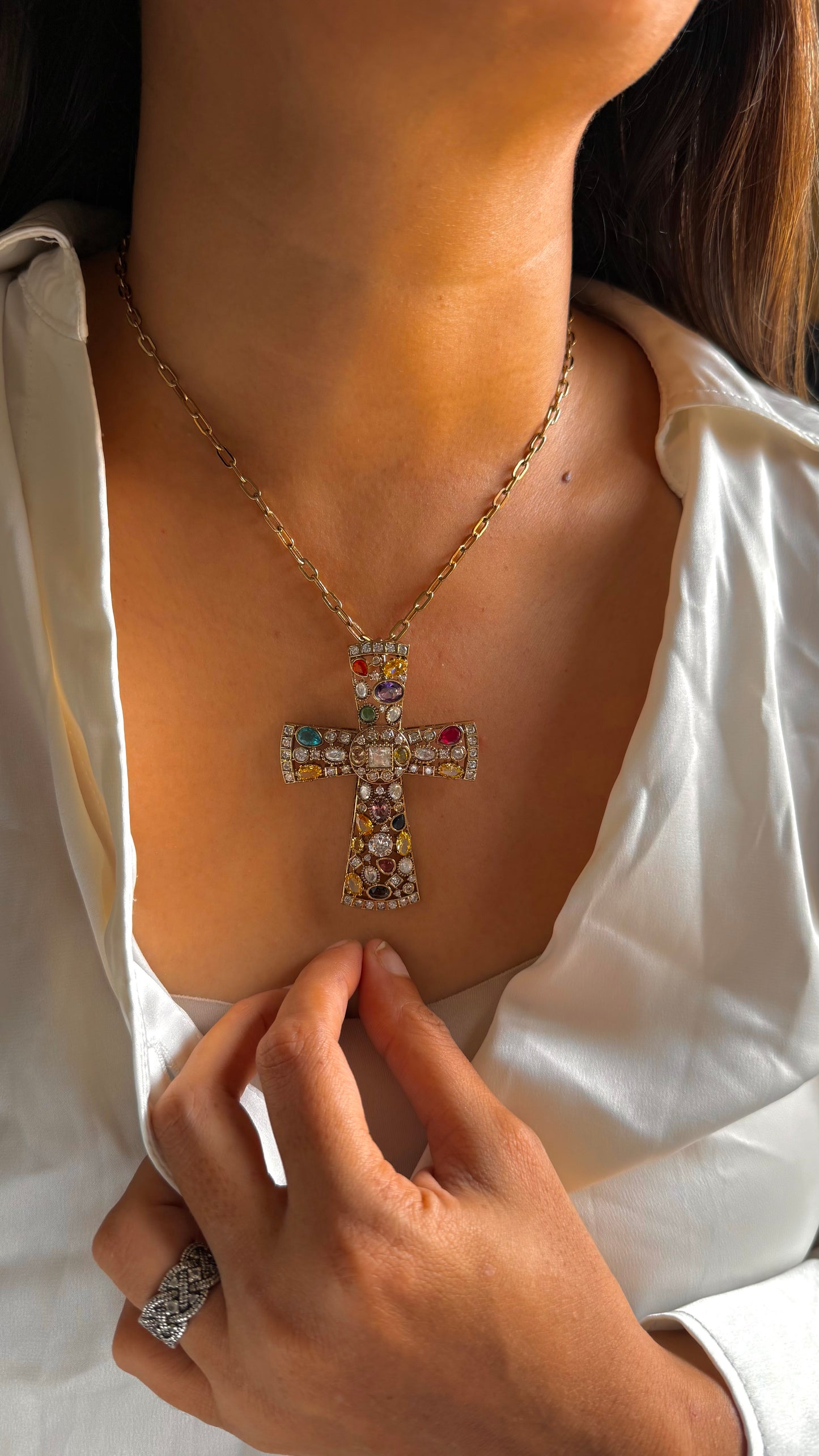 Sabyasachi inspired Multi-Color Gemstone Pavé Cross Necklace Set
