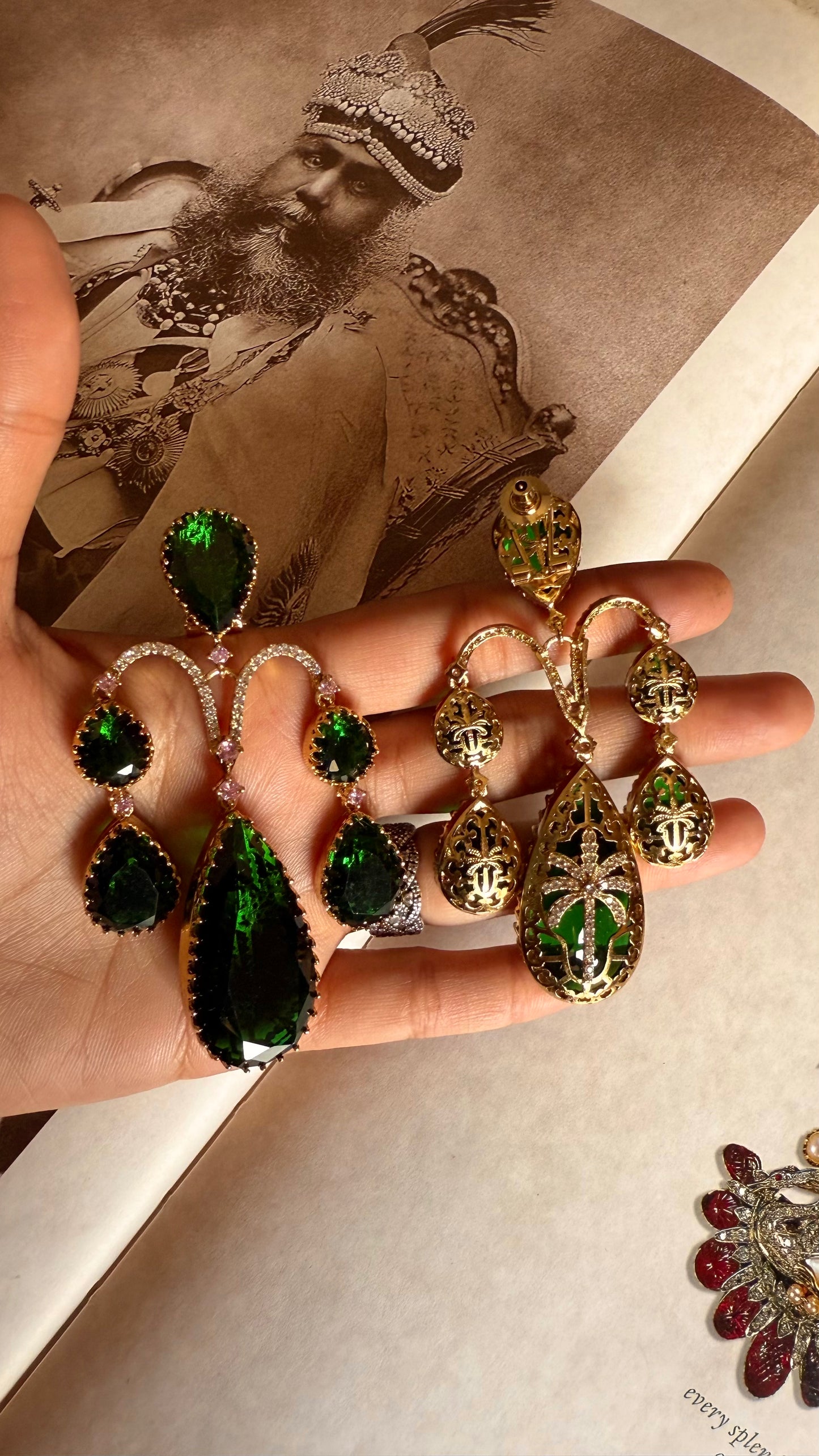 Sabhyasachi inspired emerald & rose quartz danglers