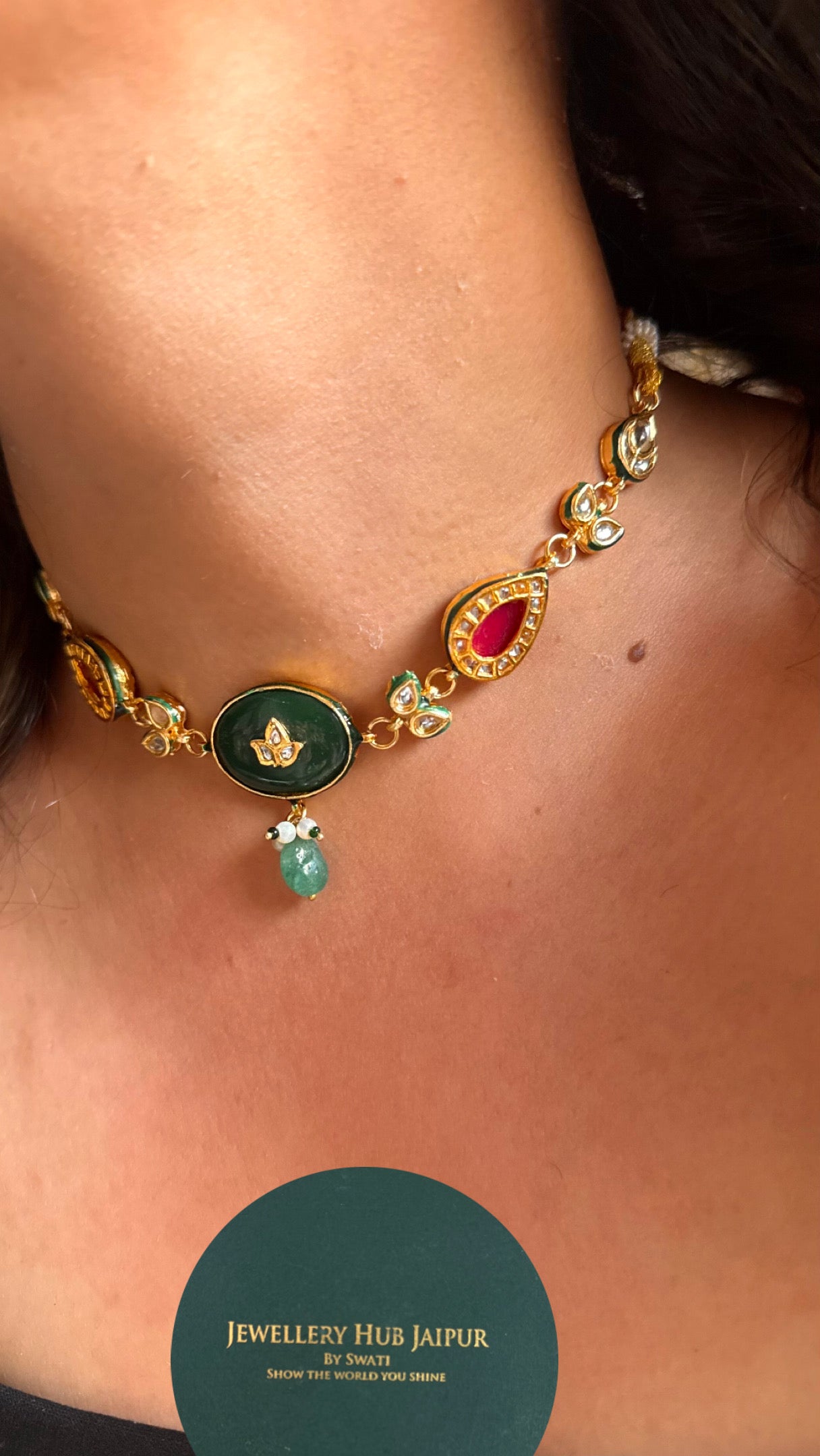 Emerald inlay with ruby meenakari & mint drops minimalist Necklace