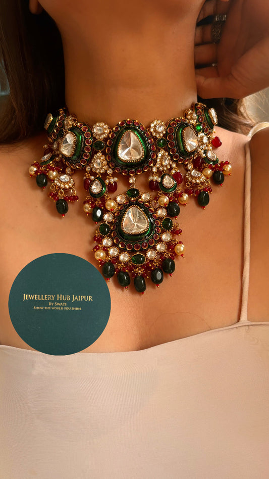 Emerald & ruby meenakari designer necklace