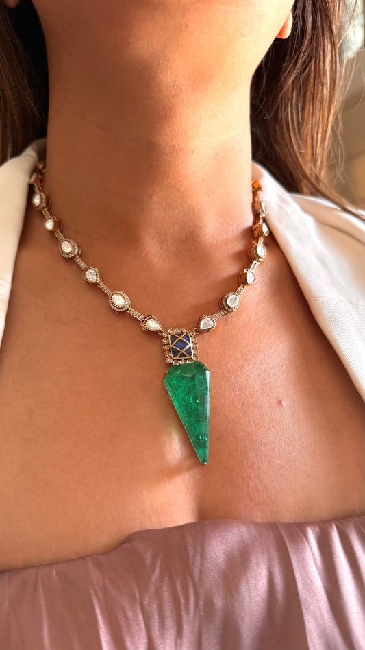 Eshvini Emerald & sapphire katdana moissanite mid length necklace