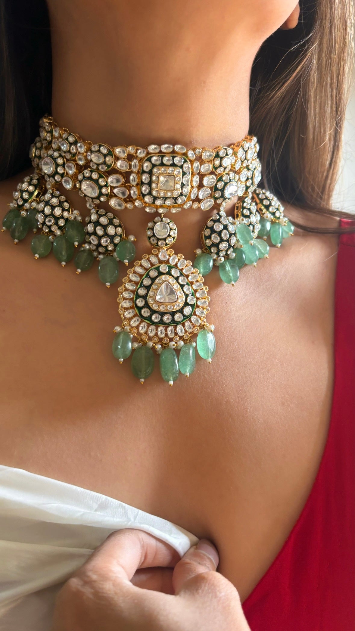 Meenakari emerald and mint polki choker necklace set