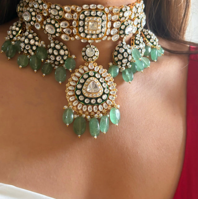 Meenakari emerald and mint polki choker necklace set