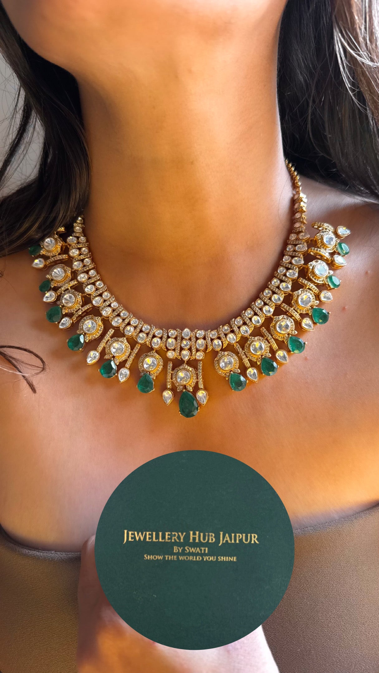 Real Moissanite  with emerald doublet stone collar Necklace