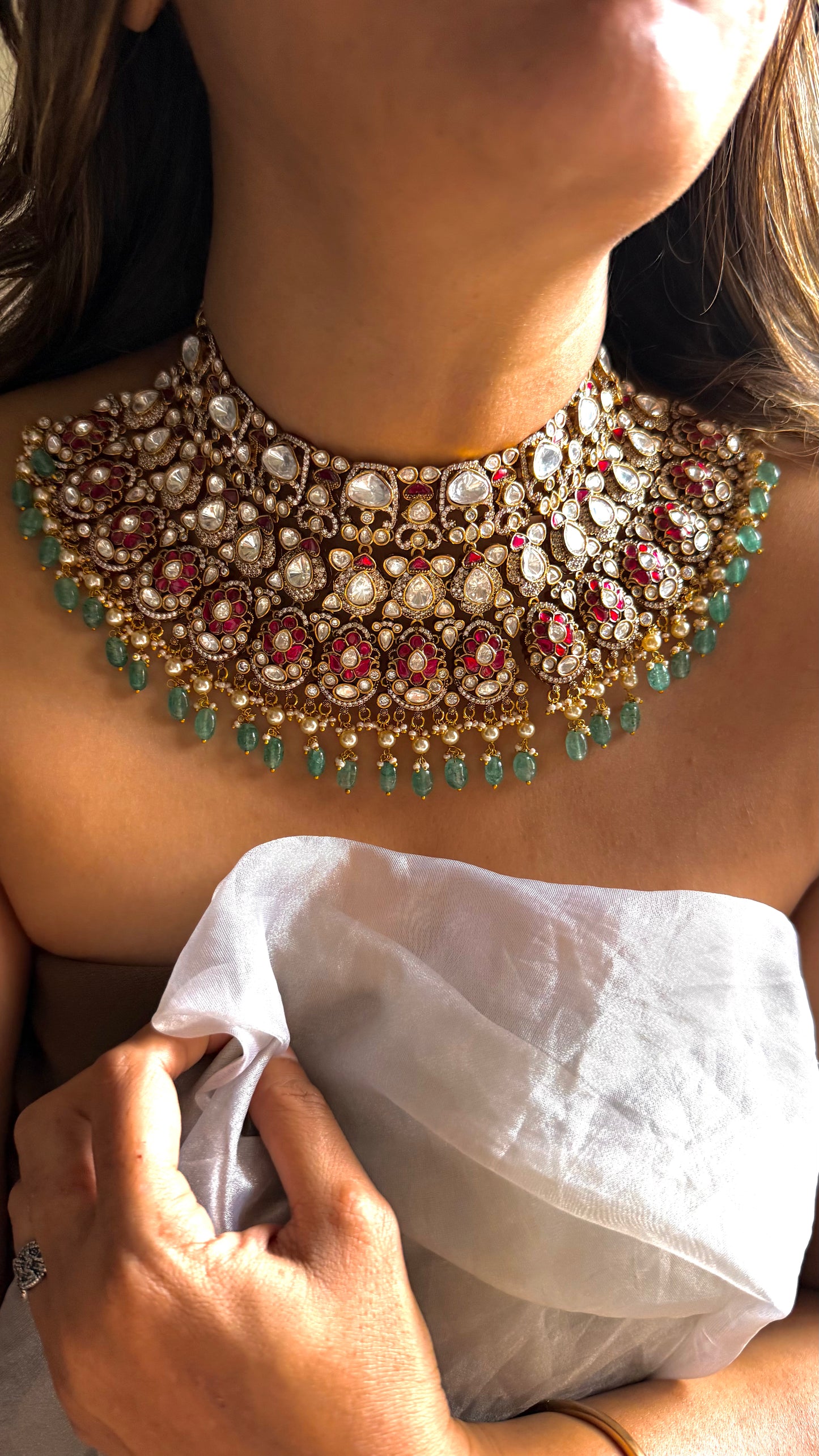 Rani pink takkar & mint drop choker with uncut polki detailing