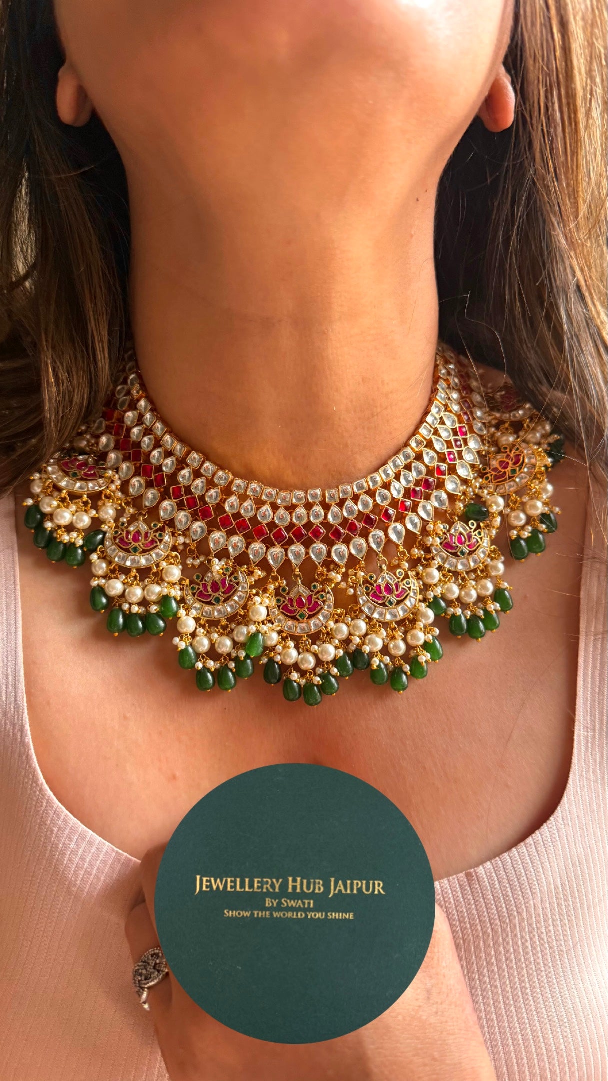 Lotus inspired emerald & Rani pink handmade Paachi Kundan jadau collar necklace