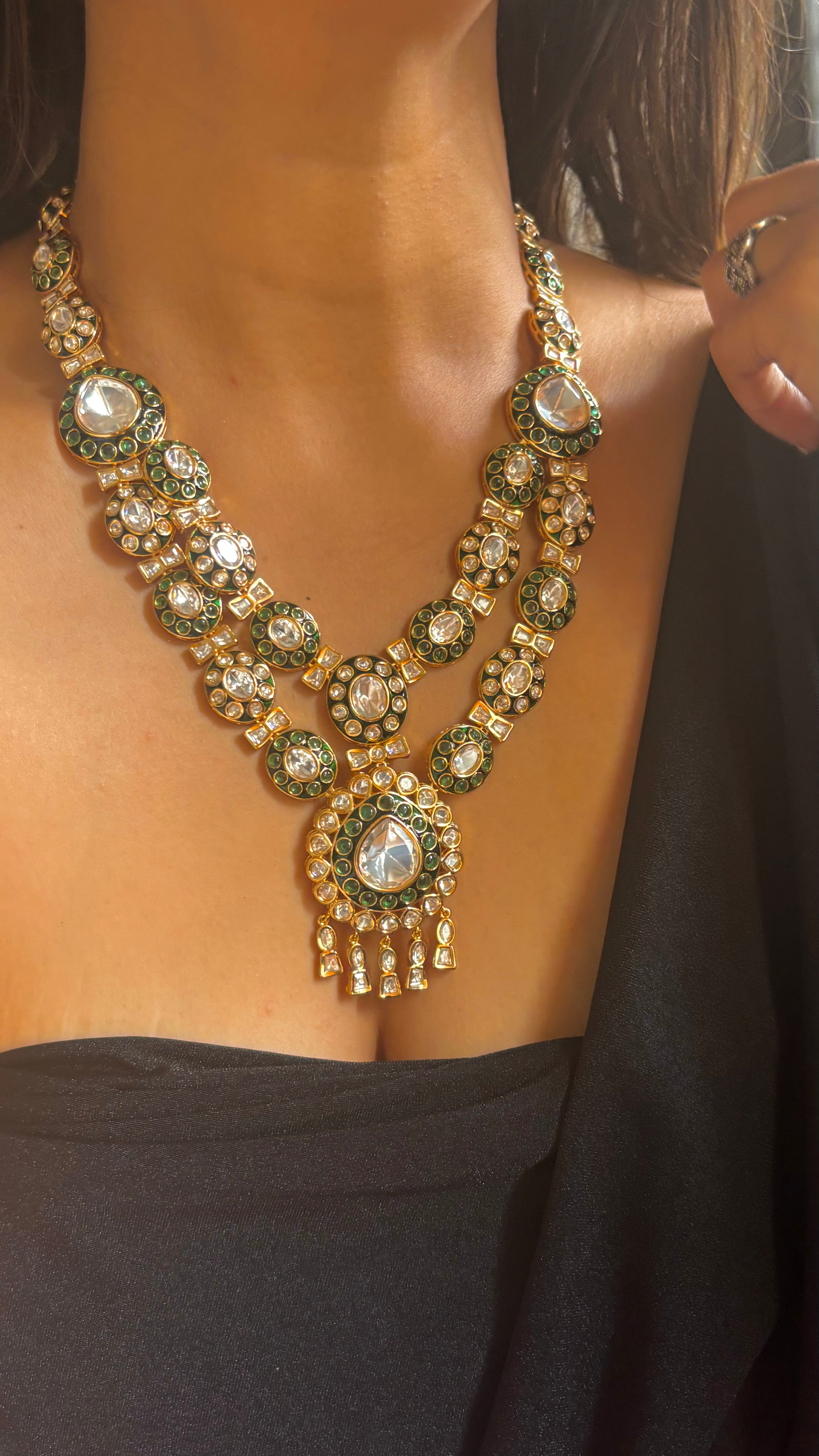 Emerald meenakari dual line necklace