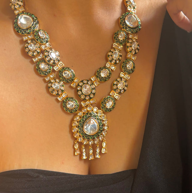 Emerald meenakari dual line necklace