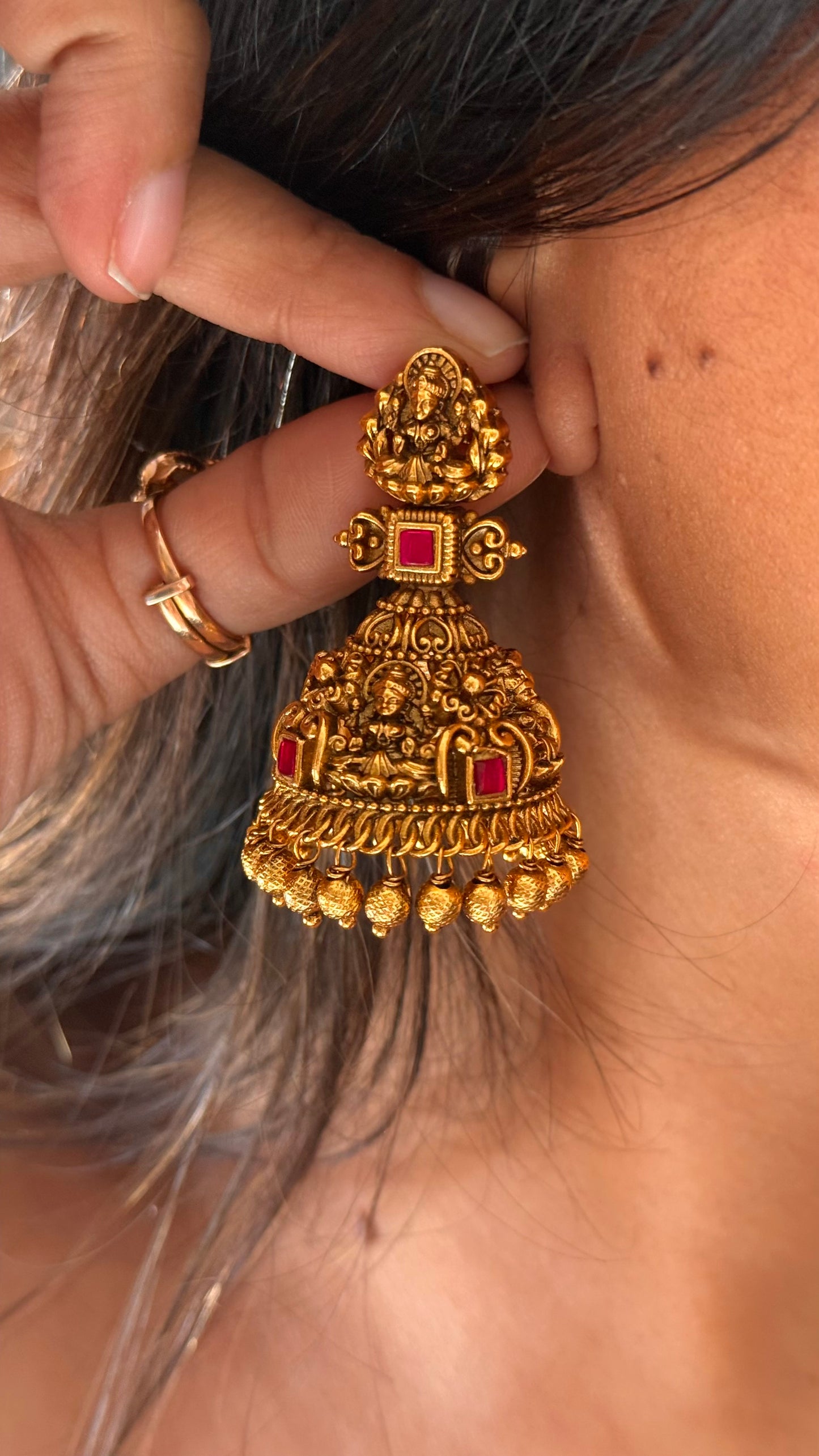 Goddess Laxmi Rani pink ruby temple Jhumka with gold drops