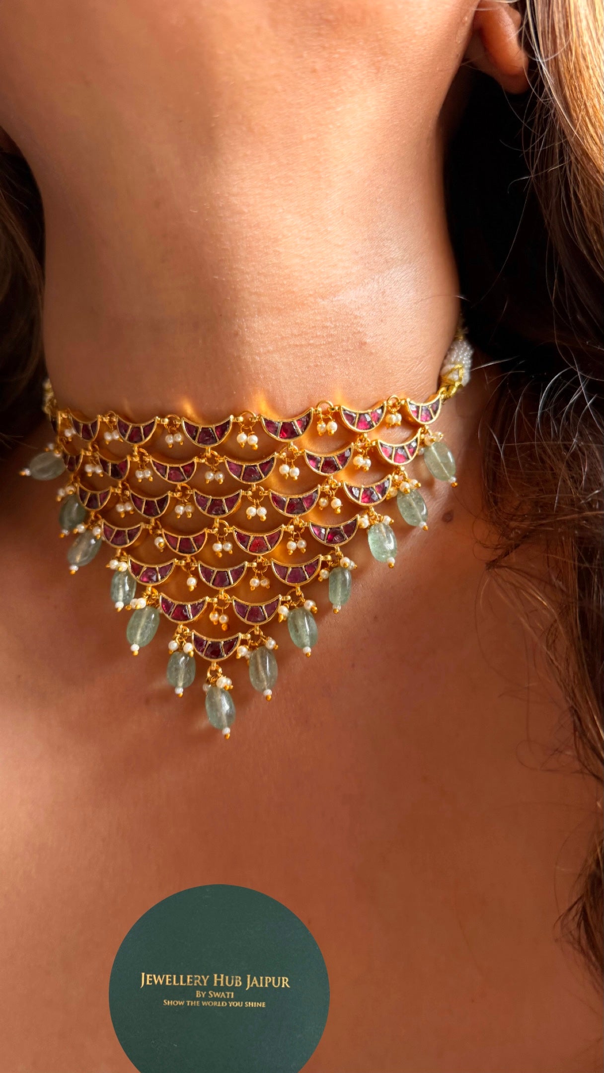 Design ruby half moon with strawberry drops choker Necklace