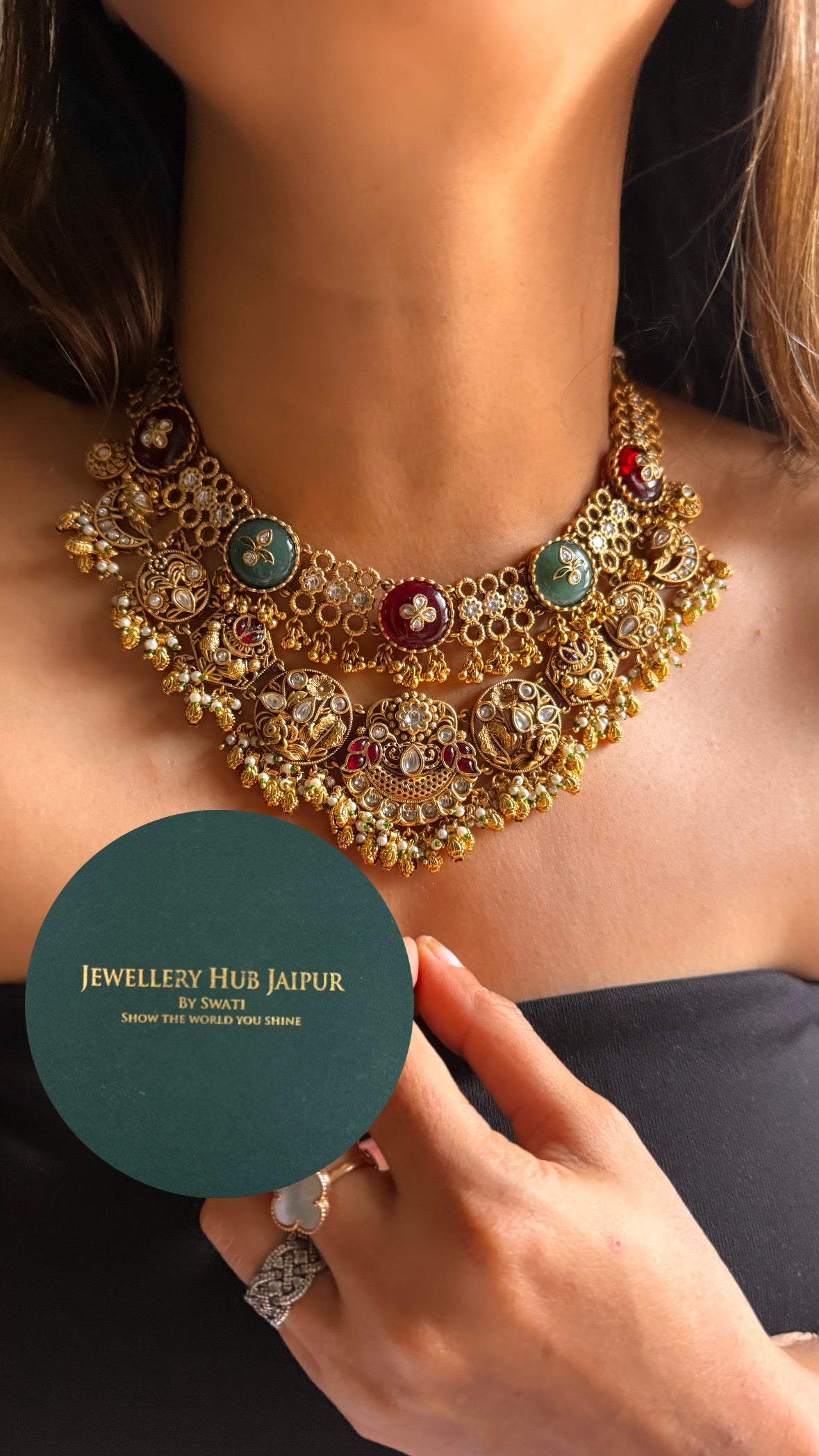 Ruby & mint inlay rajwada royal collar set