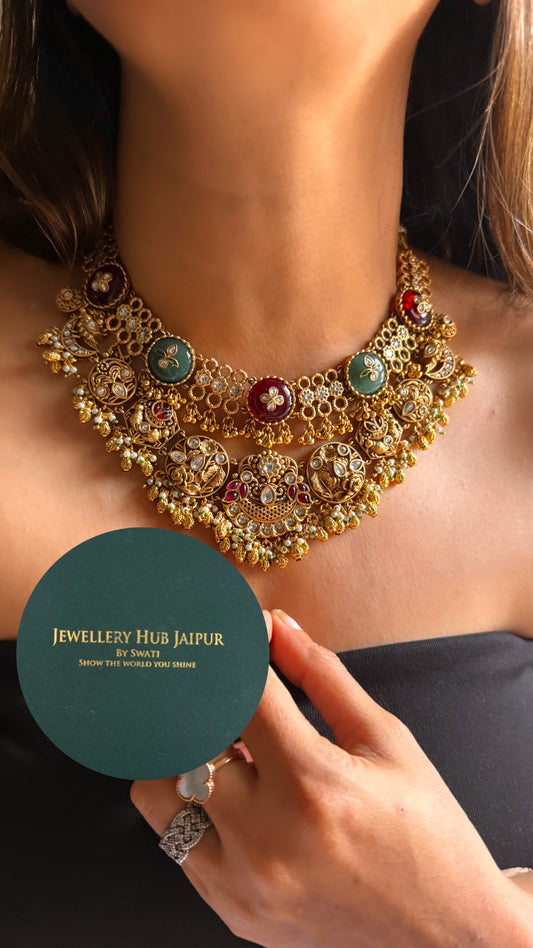 Ruby & mint inlay rajwada royal collar set