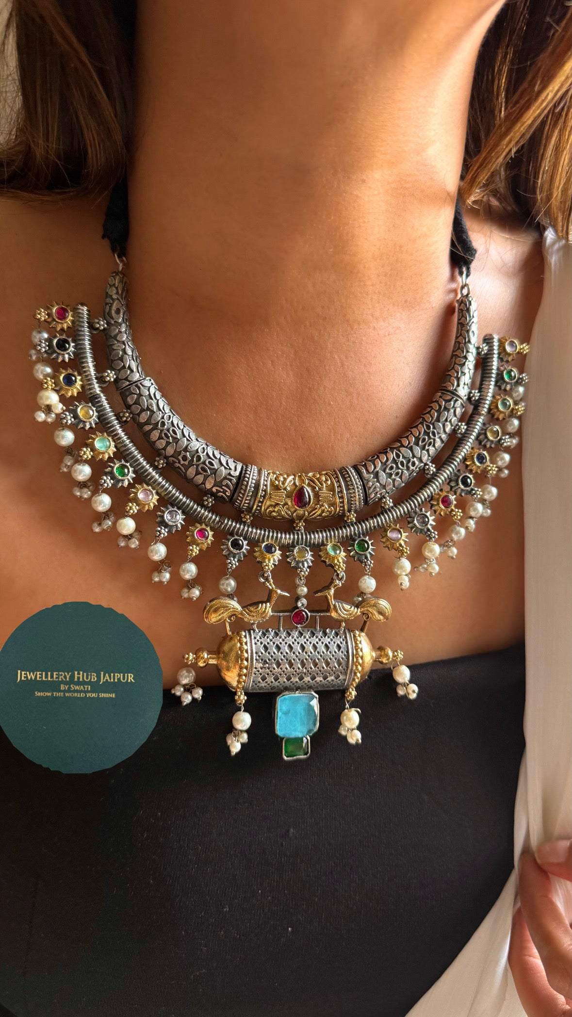 Savar triabal Pearl navratna Necklace