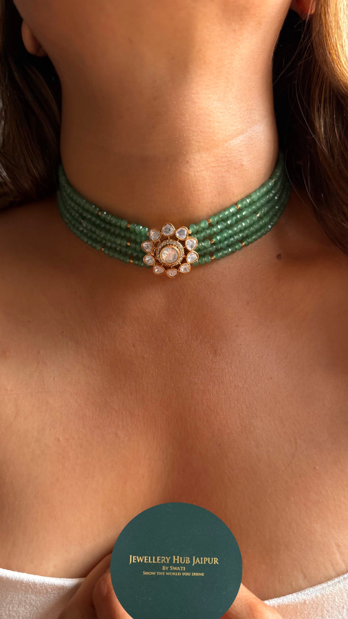 Real Moissanite floral polki mint pearl detailing choker necklace