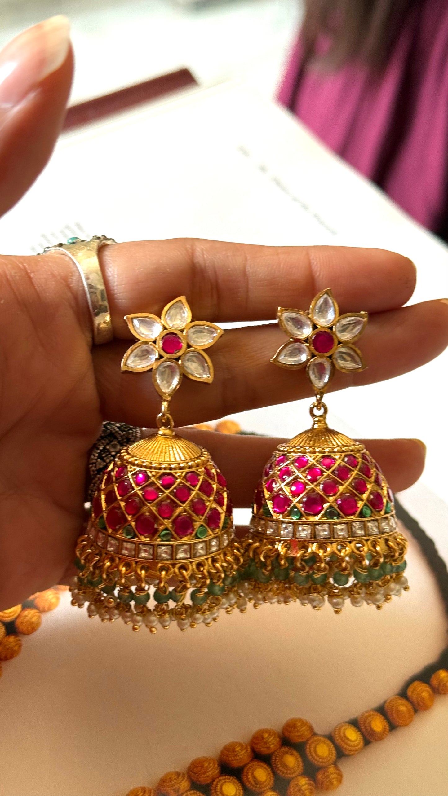 Rani pink ruby Paachi Kundan jhumki
