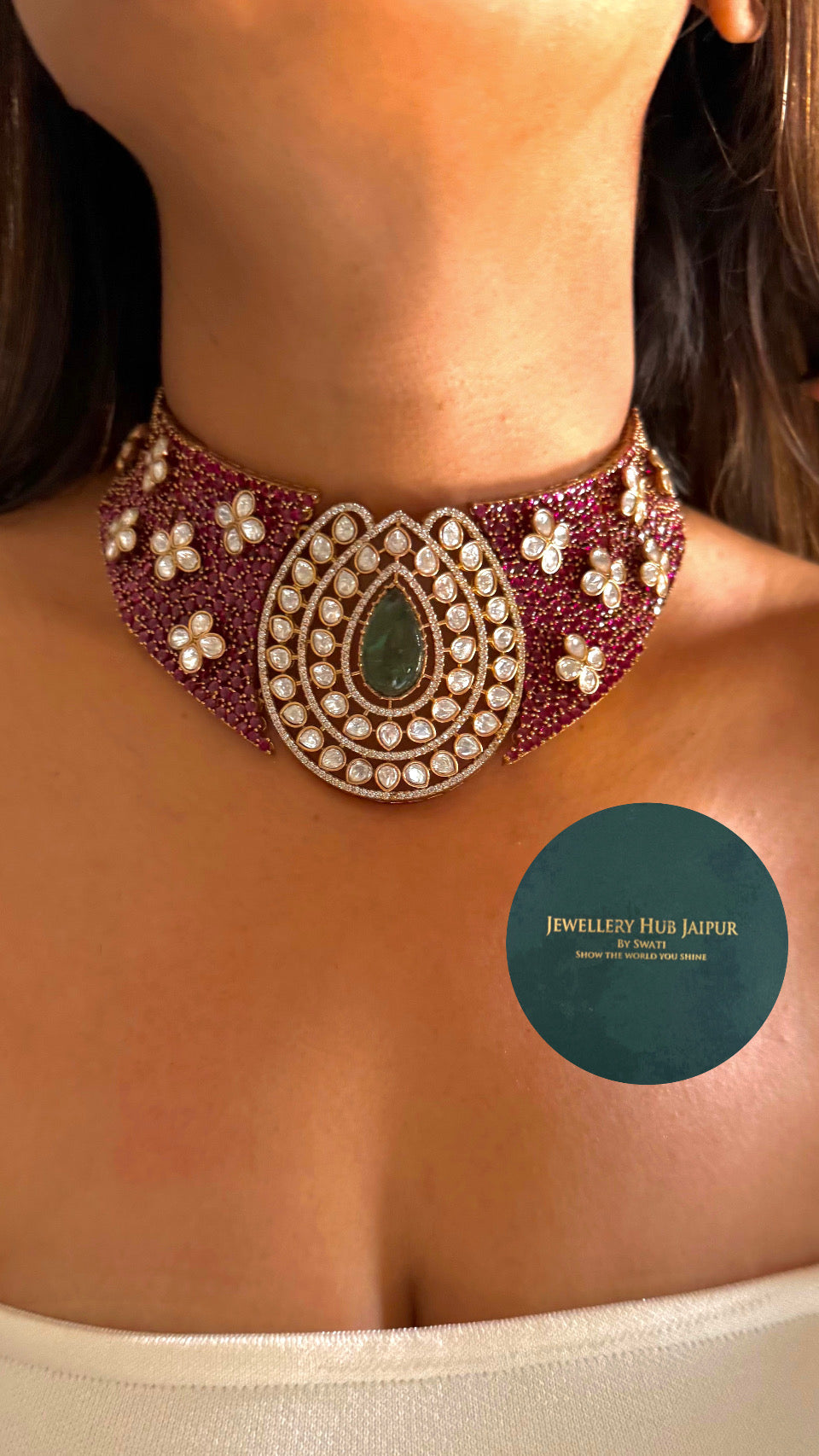 Rani pink & mint drop doublet moissanite flower choker set