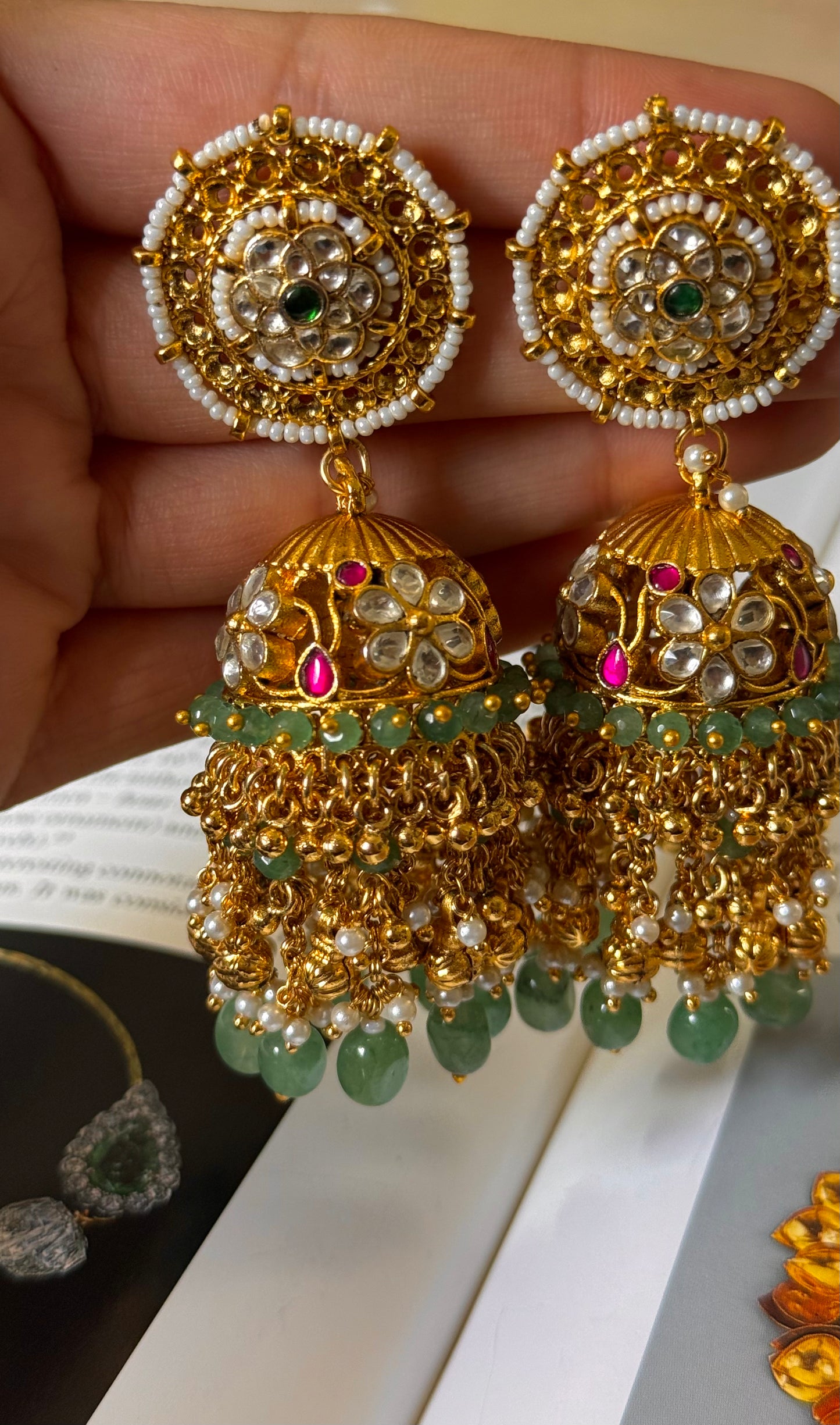 Rani pink paachi kundan with mint & gungroo drops jhumki
