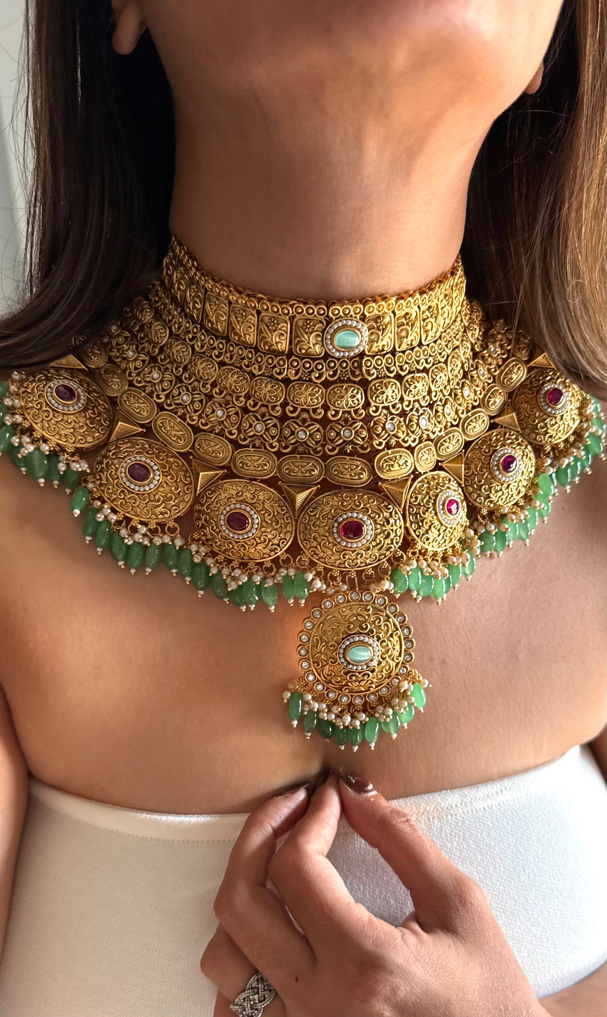 Maharani golden rani pink & mint bridal choker set