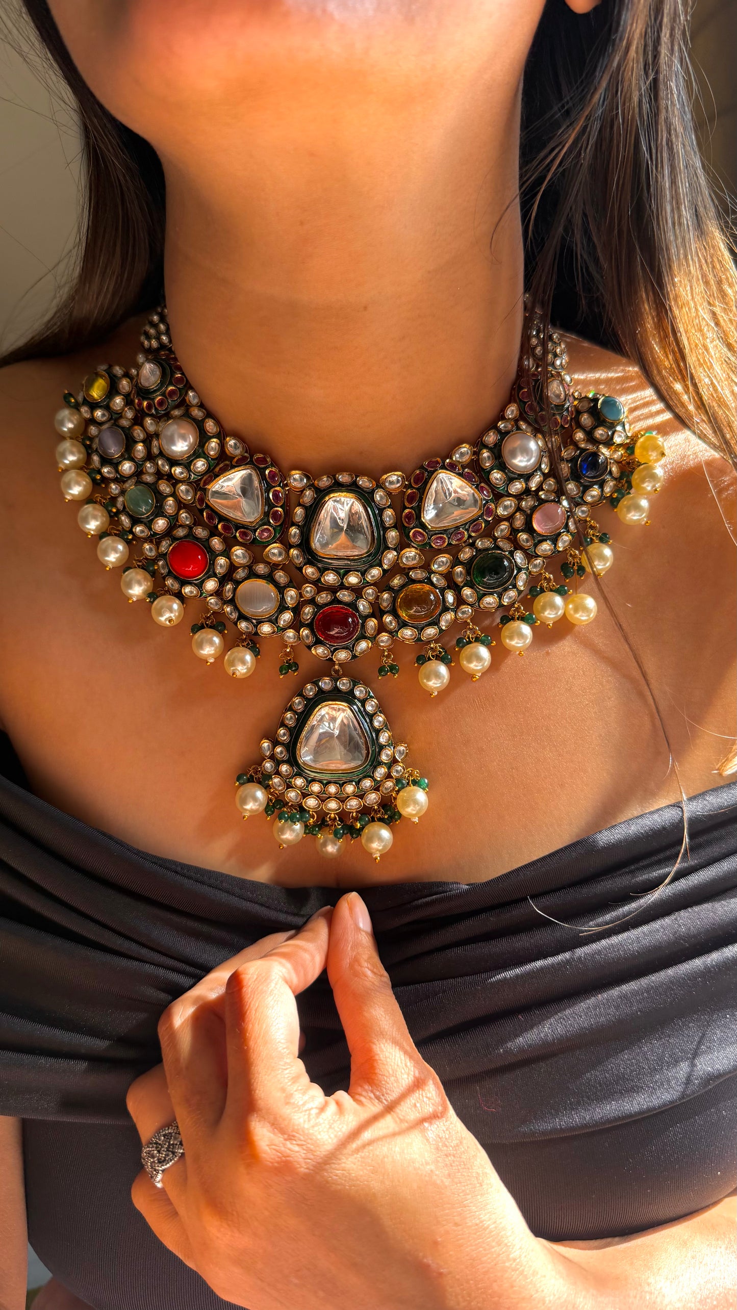 Heritage uncut polki meenakari navratna necklace