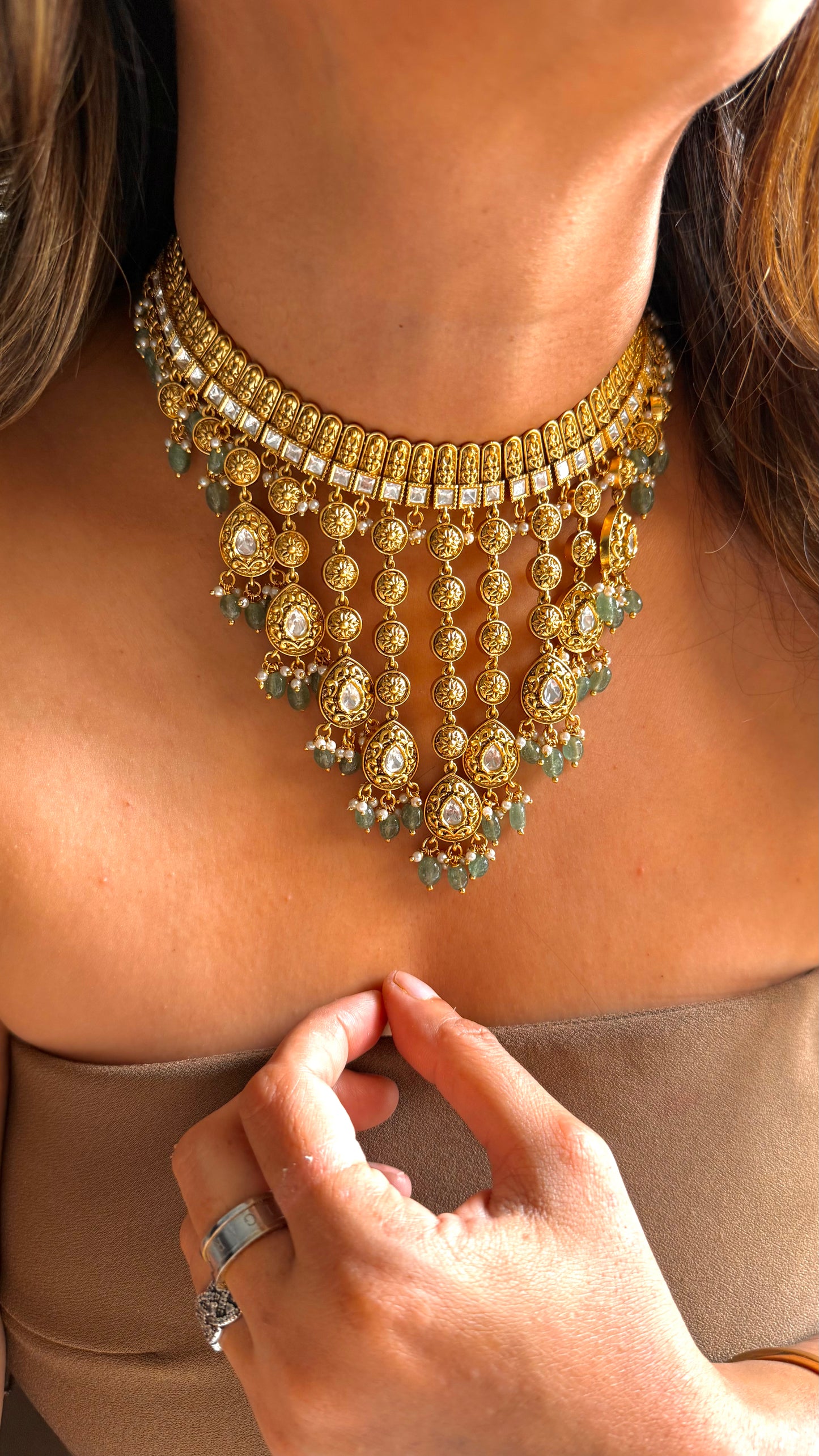 Oxidised heritage gold waterfall necklace with drop detailing