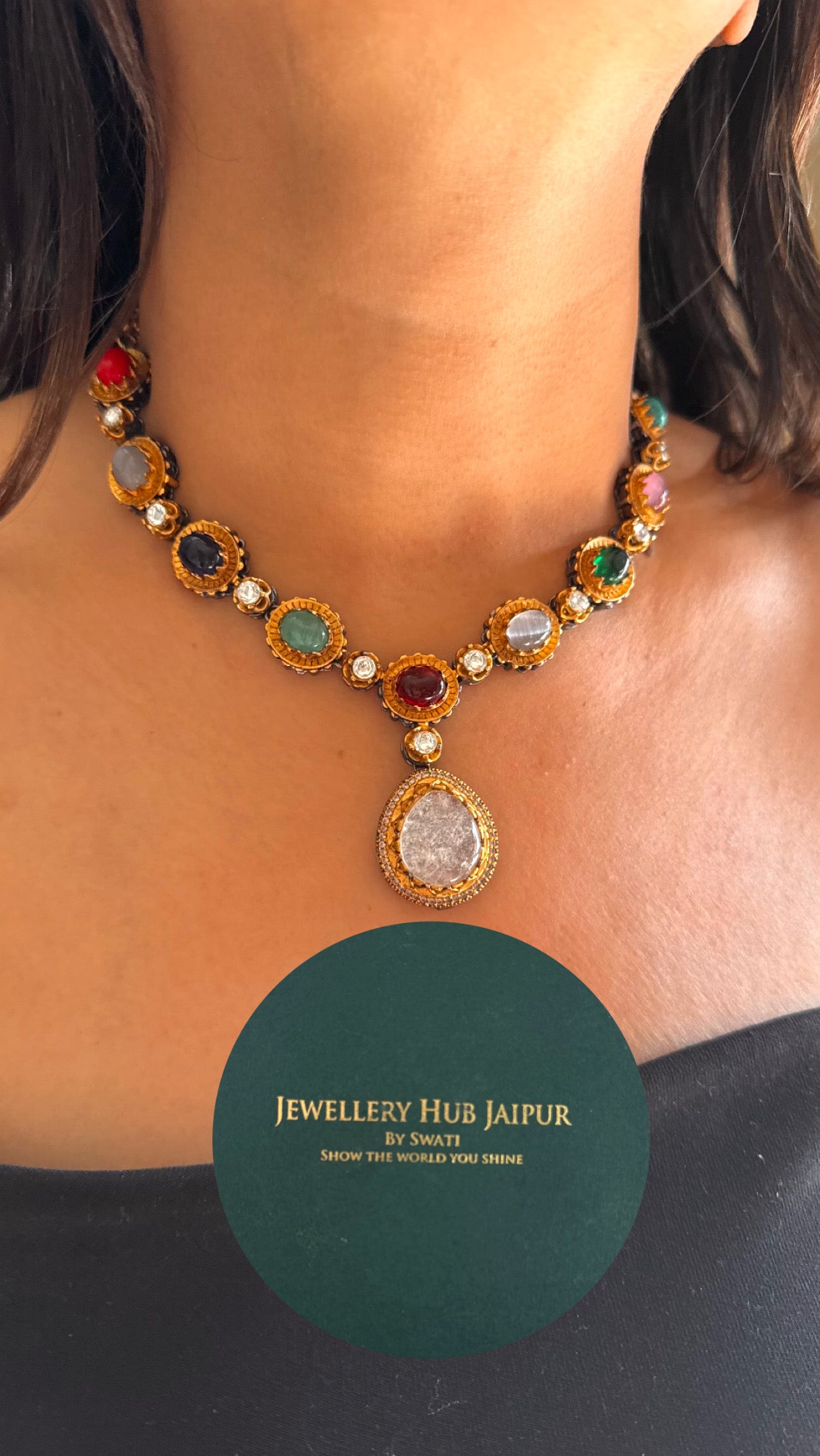Navratna inspired drop designer necklace