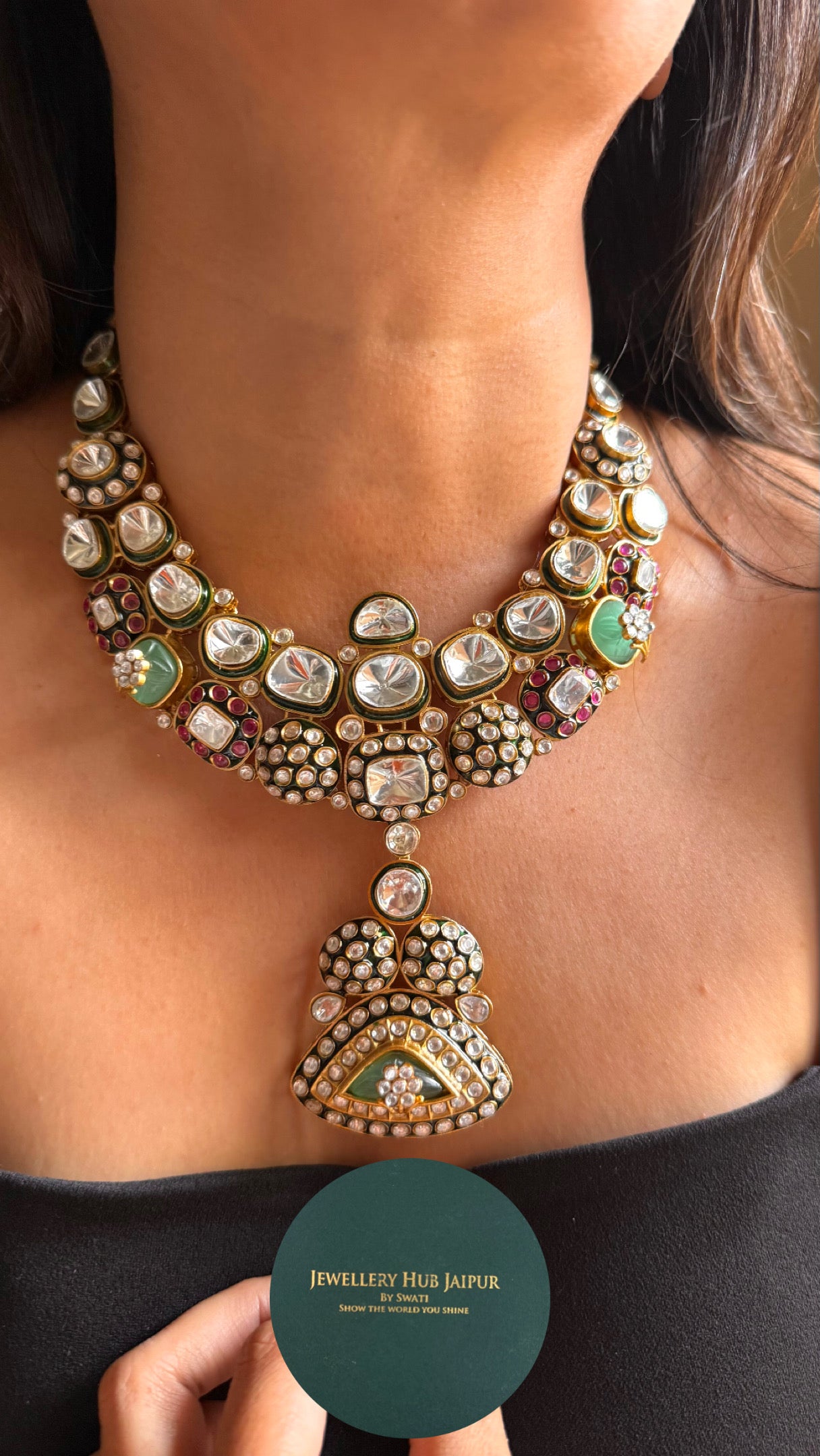Ruby & emerald Meenakari carving with uncut polki bridal Necklace