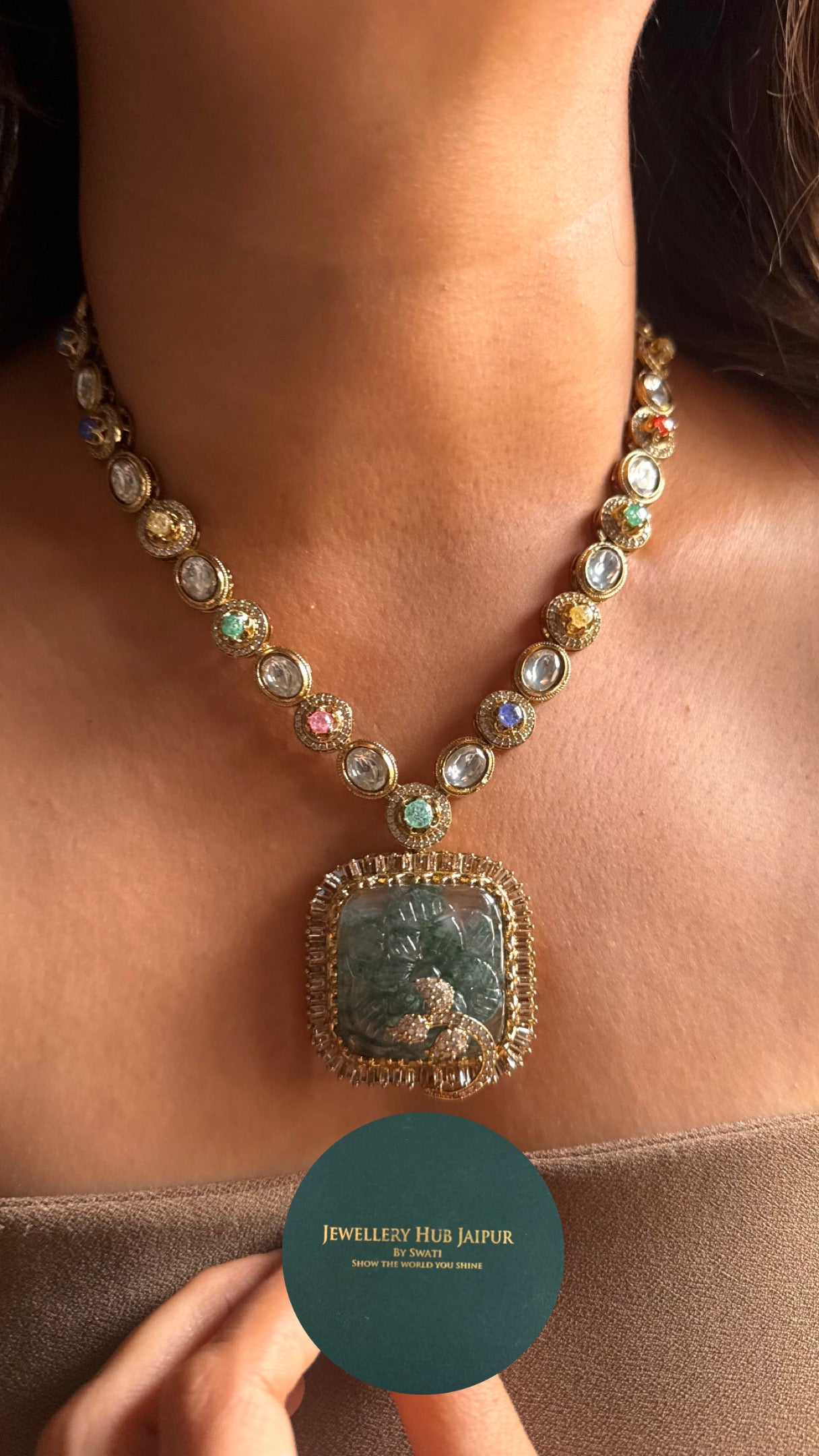 Sabyasachi inspired Sage green carving stone multicoloured collar necklace