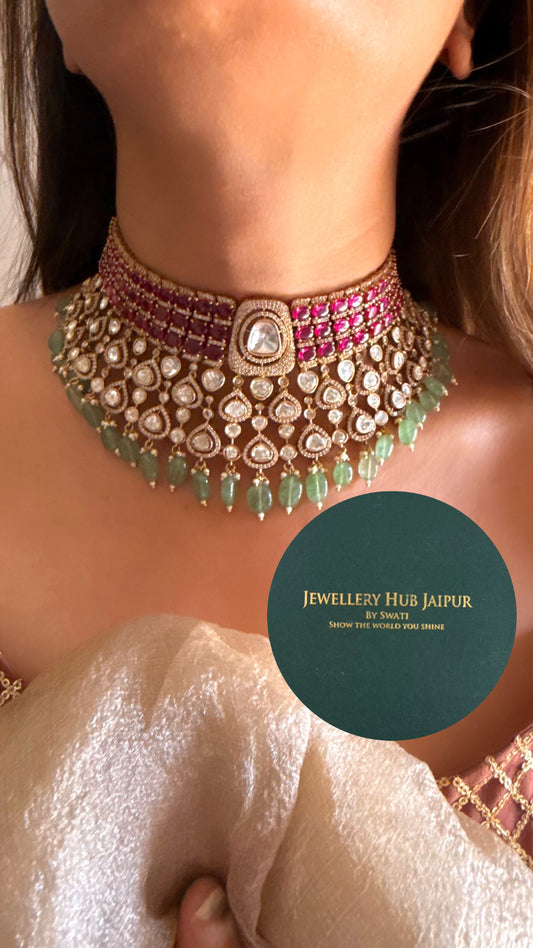 Anshika Rani pink moissanite polki & mint drops choker
