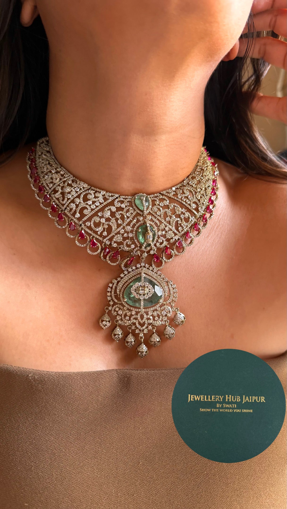 Cz ad work ruby Victorian collar necklace