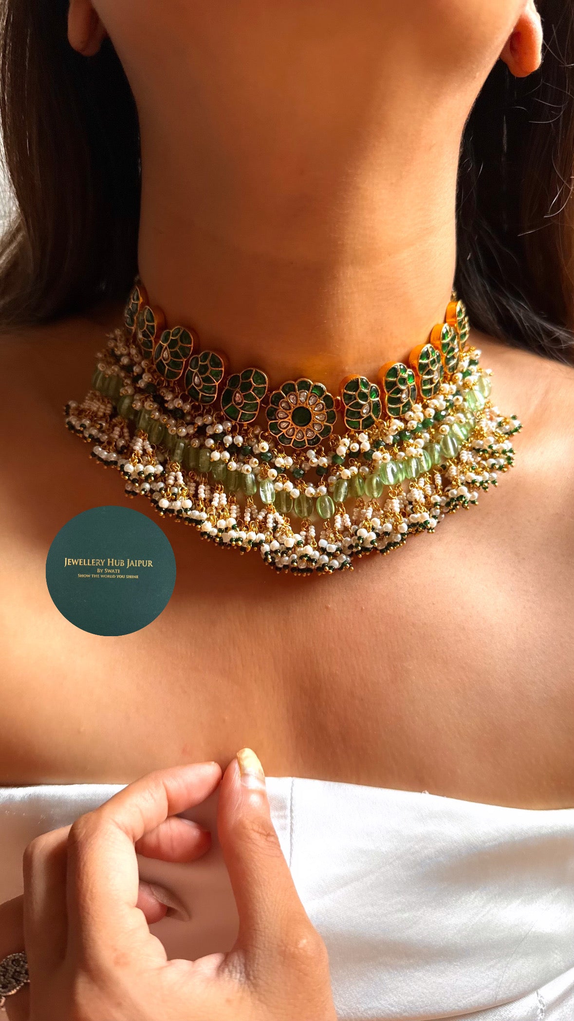 Emerald floral Kundan with mint & pearl drops heritage choker set
