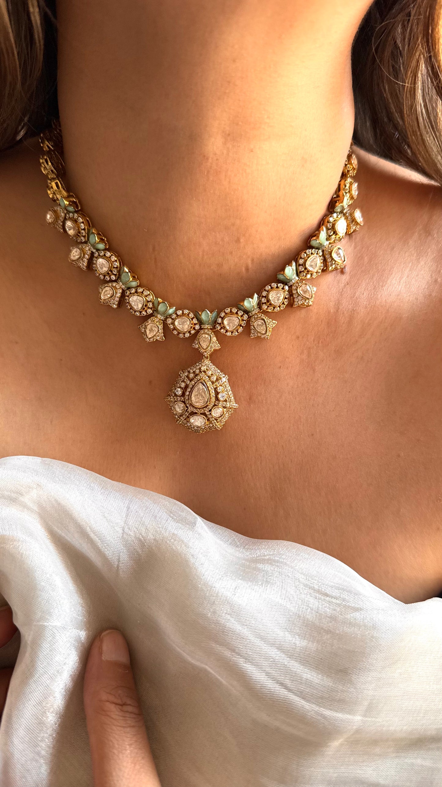 Mint Lv Polki lotus inspired Designer Necklace