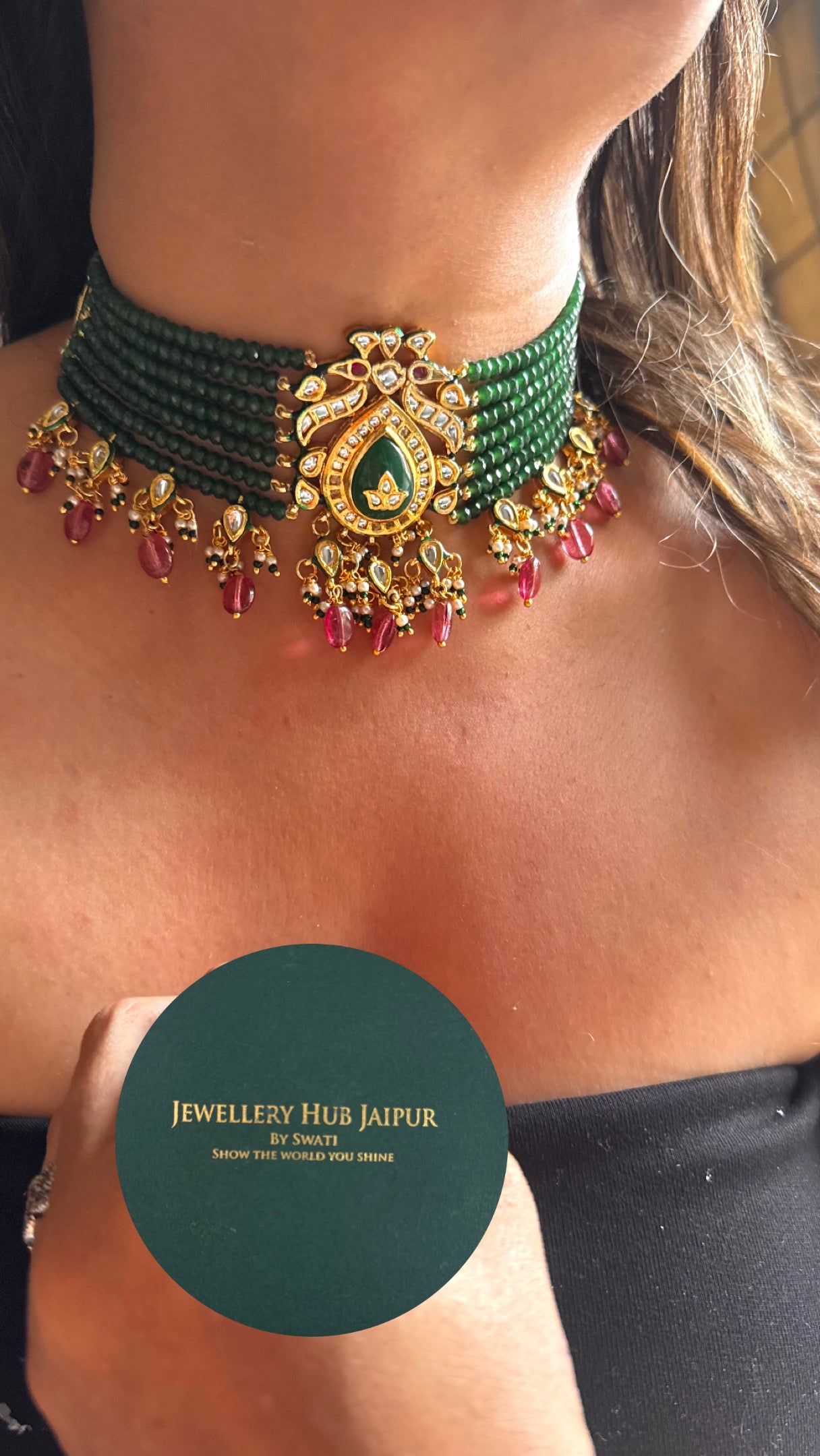 Emerald inlay Meenakari with rose quartz drop choker Necklace