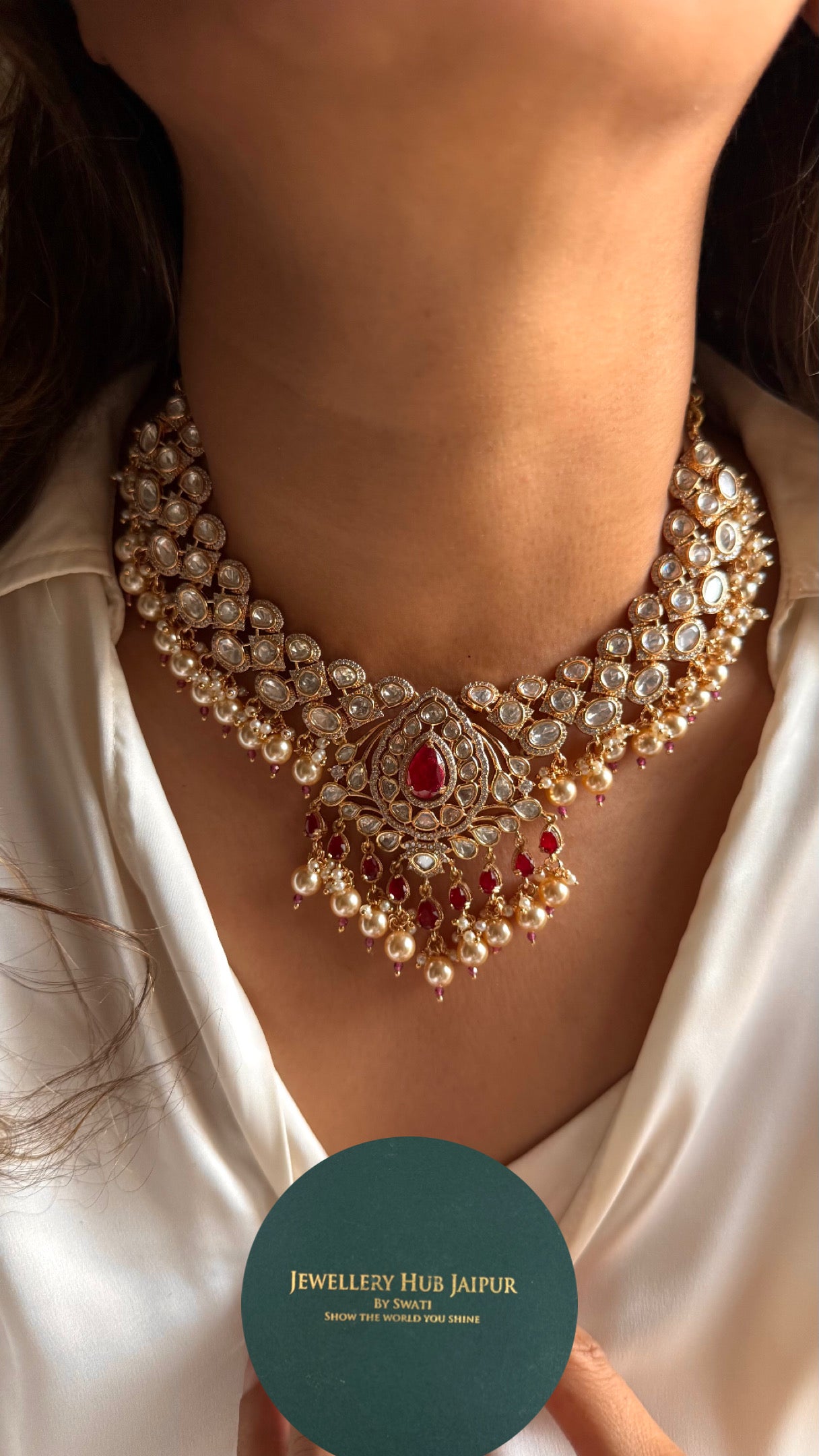 Ruby doublets & moissanite polki necklace with maangtika
