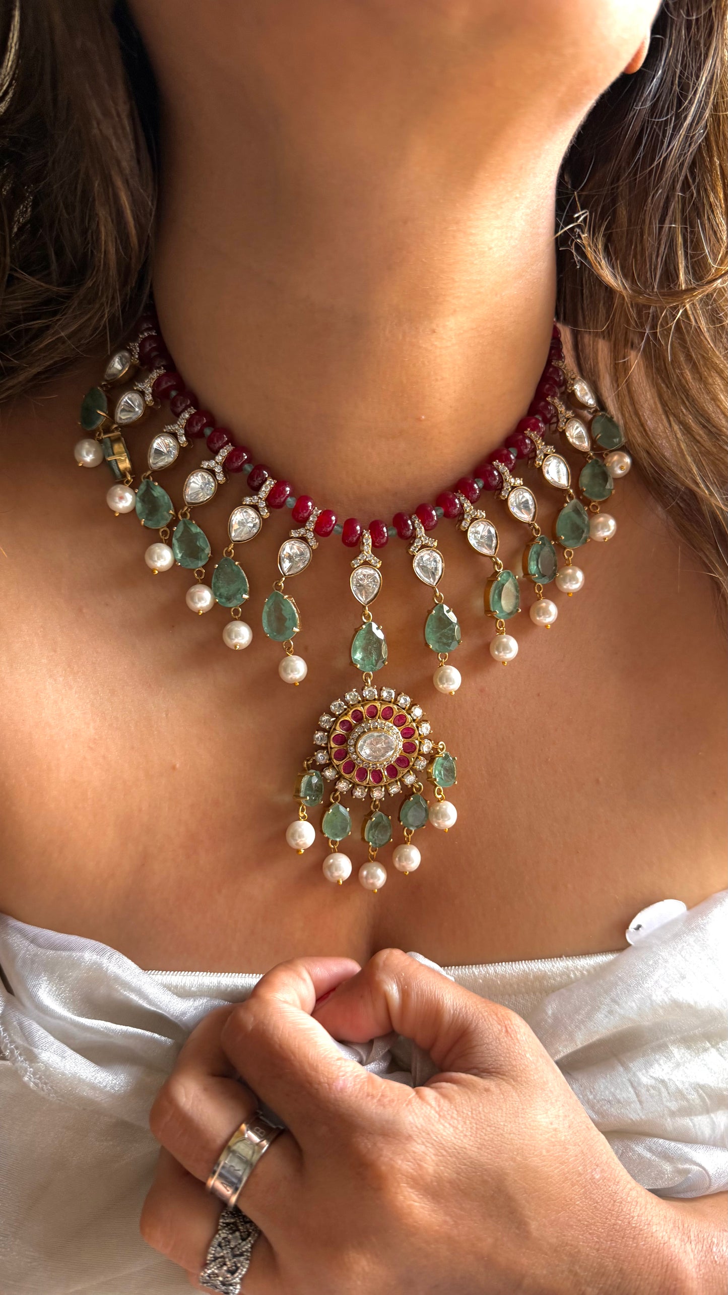 Ruby polki & mint doublet designer necklace