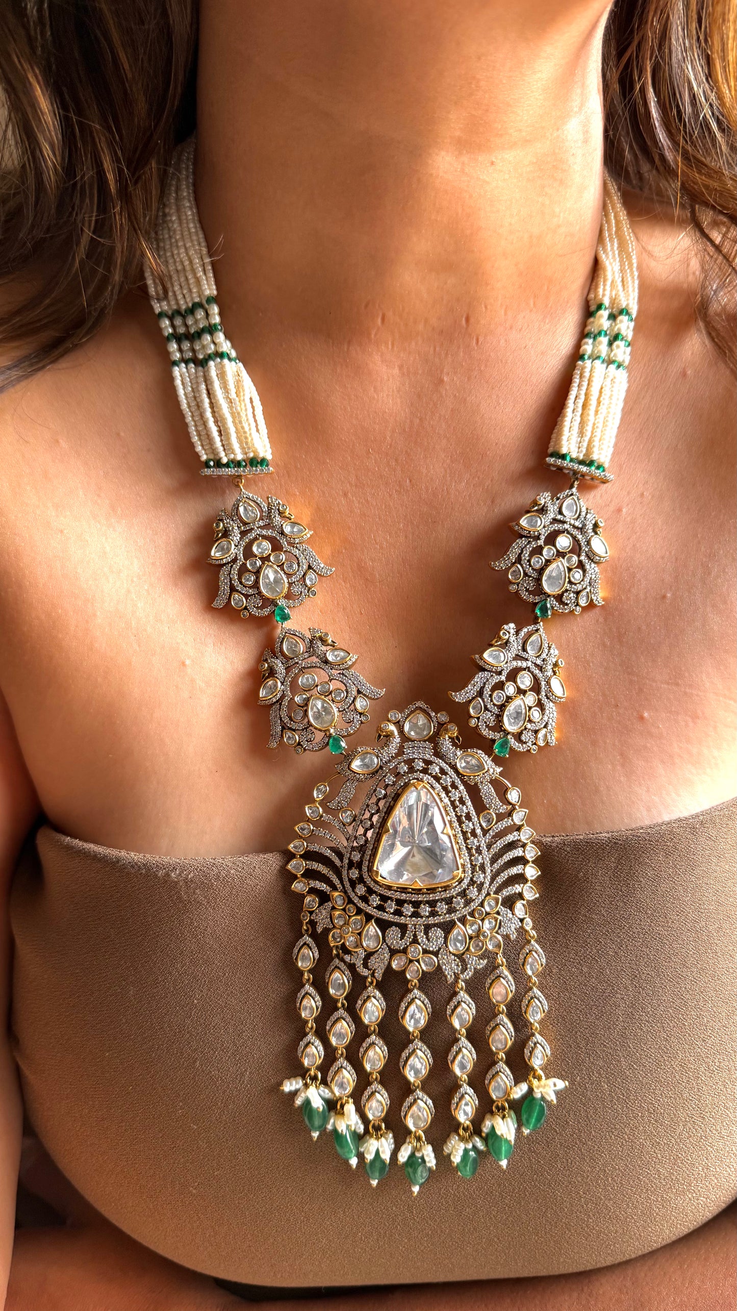 Emerald long uncut polki long necklace