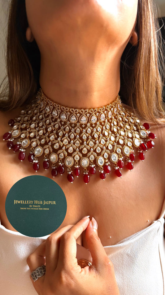 Chetna Moissanite polki bridal choker with ruby drops