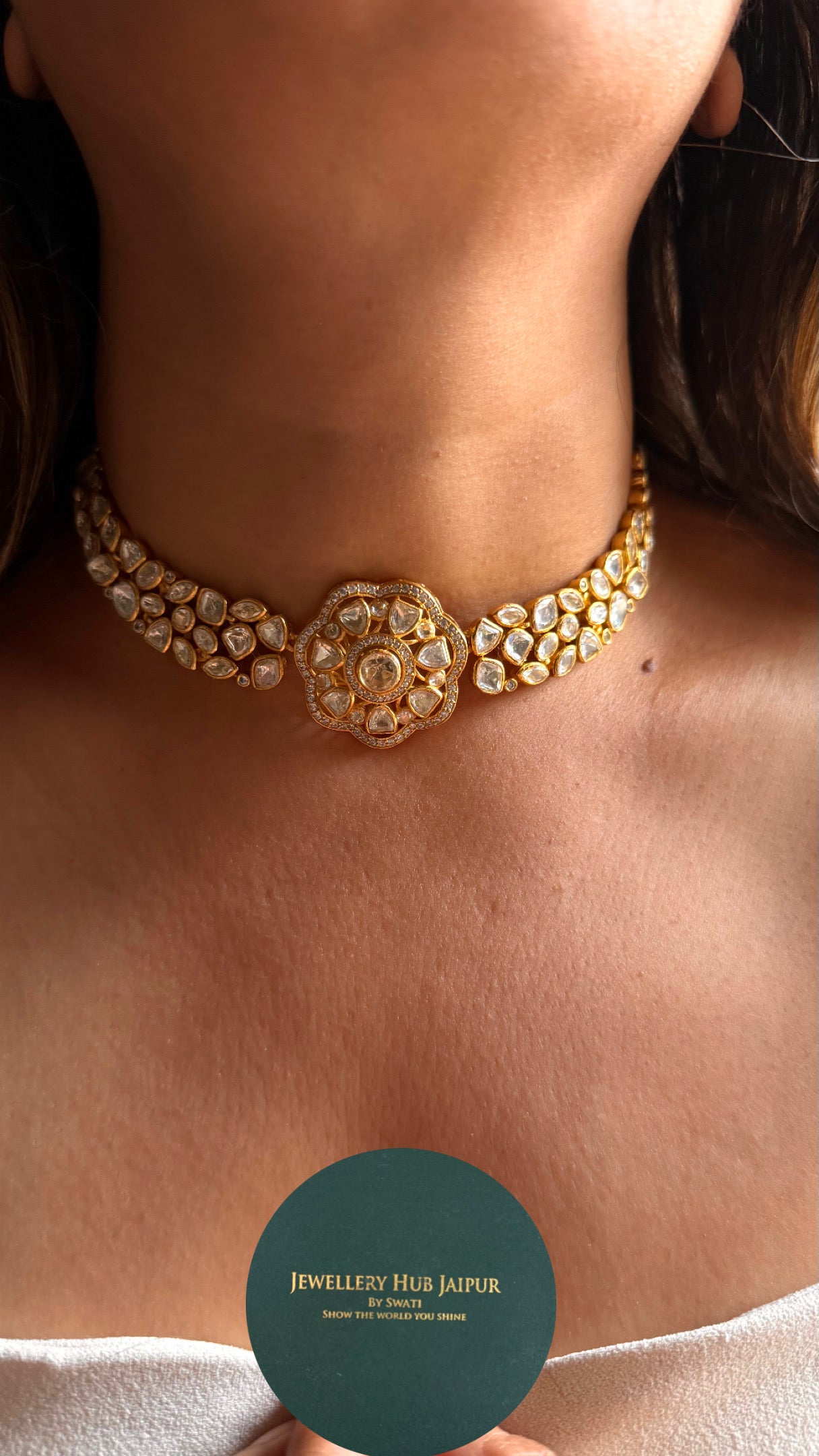 Floral real Moissanite peeli polki choker