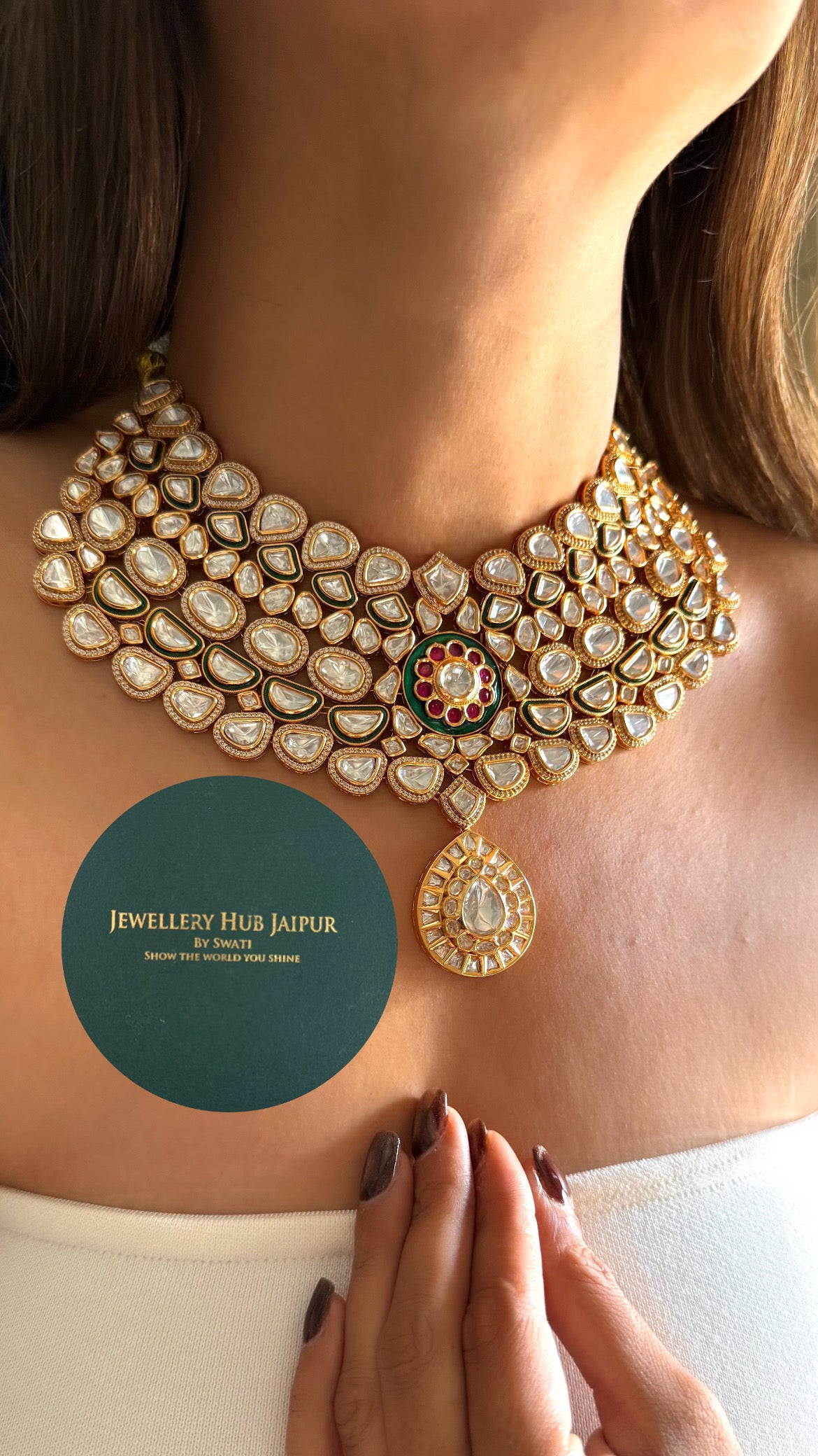Emerald meenakari & ruby Moissanite uncut polki collar set