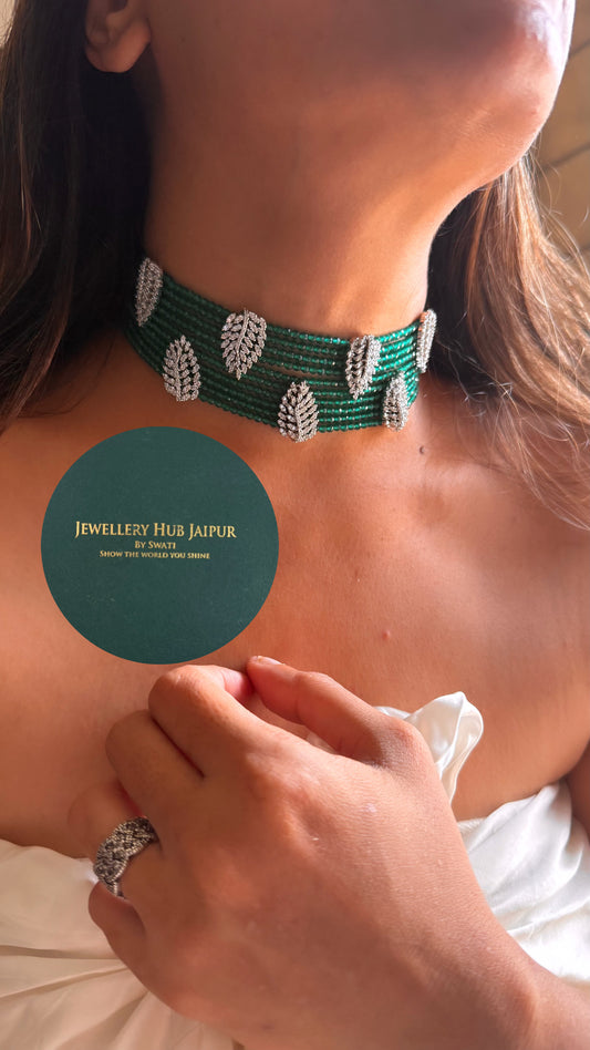 Emerald & cz diamond leaves designer cocktail choker set
