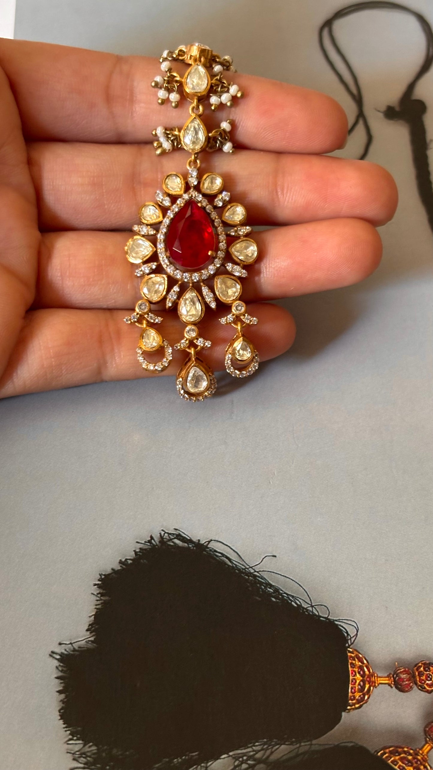 Ruby doublet peeli polki Moissanite maangtika